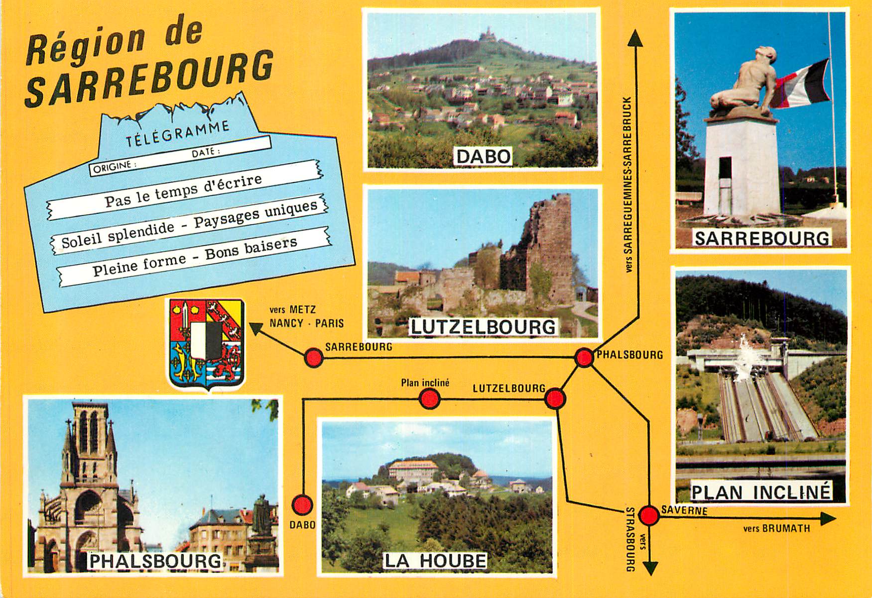 Région de Sarrebourg — Carte touristique avec photos de Dabo, Lutzelbourg, Sarrebourg, Phalsbourg et La Hoube — Édition 'Europ' Pierron