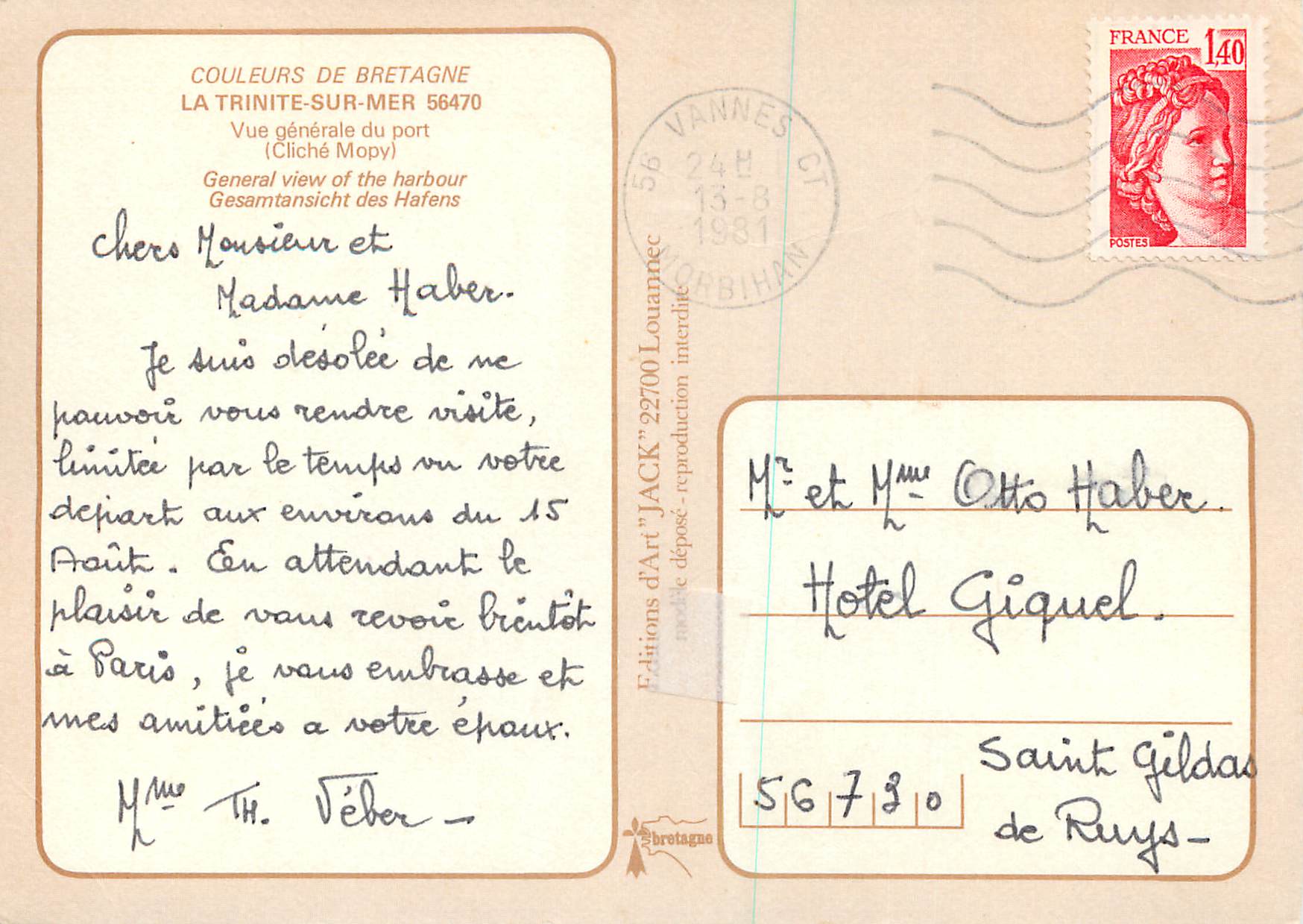 La Trinité-sur-Mer — vue générale du port — Éditions d'Art 'JACK' n°27700 — Rückseite