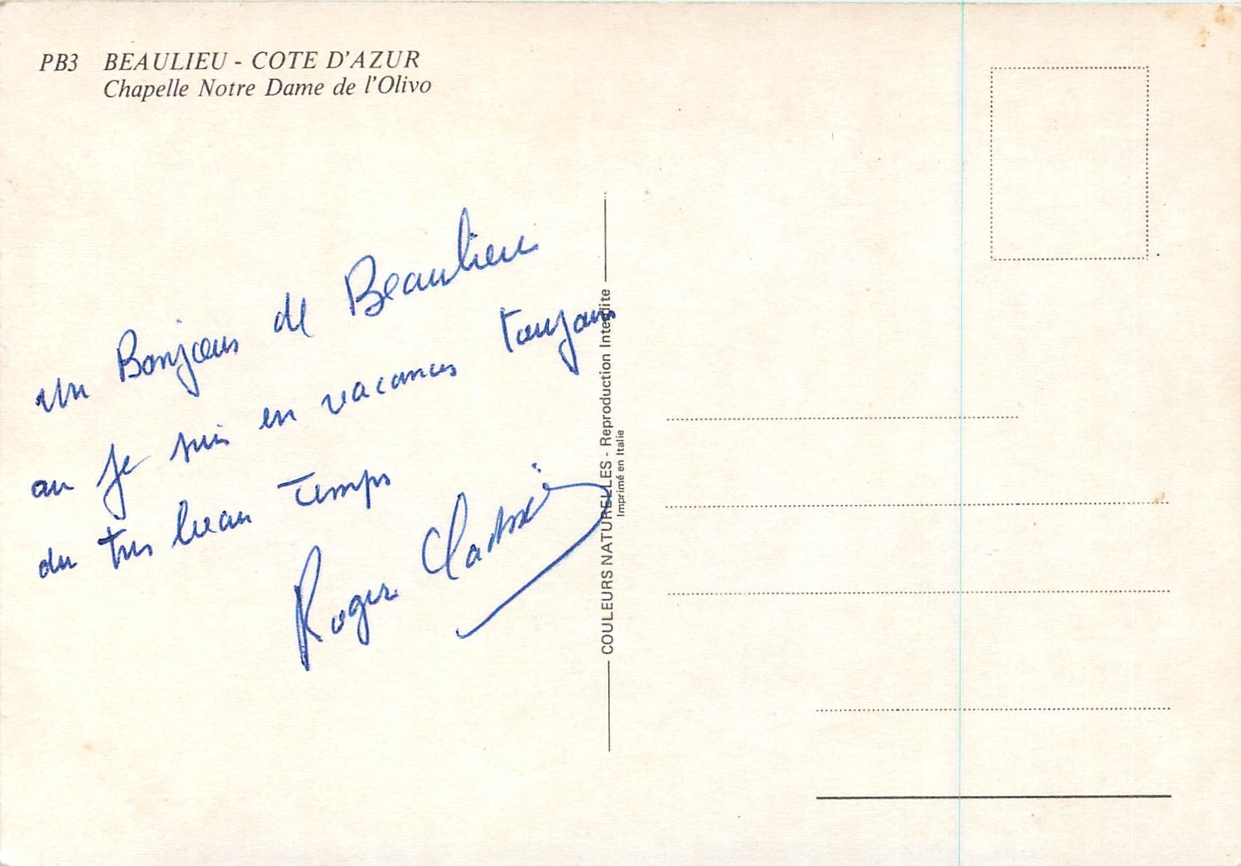 CPM Beaulieu La Cote d'Azur Chapelle Notre Dame de l'Olivo — Rückseite