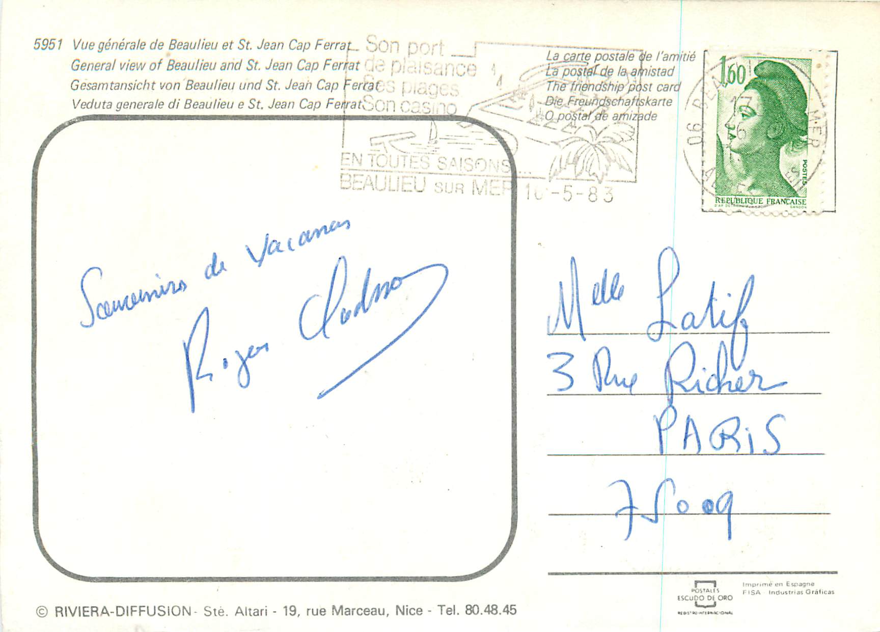 CPM Vue Generale de Beaulieu et St Jean Cap Ferrat — Rückseite