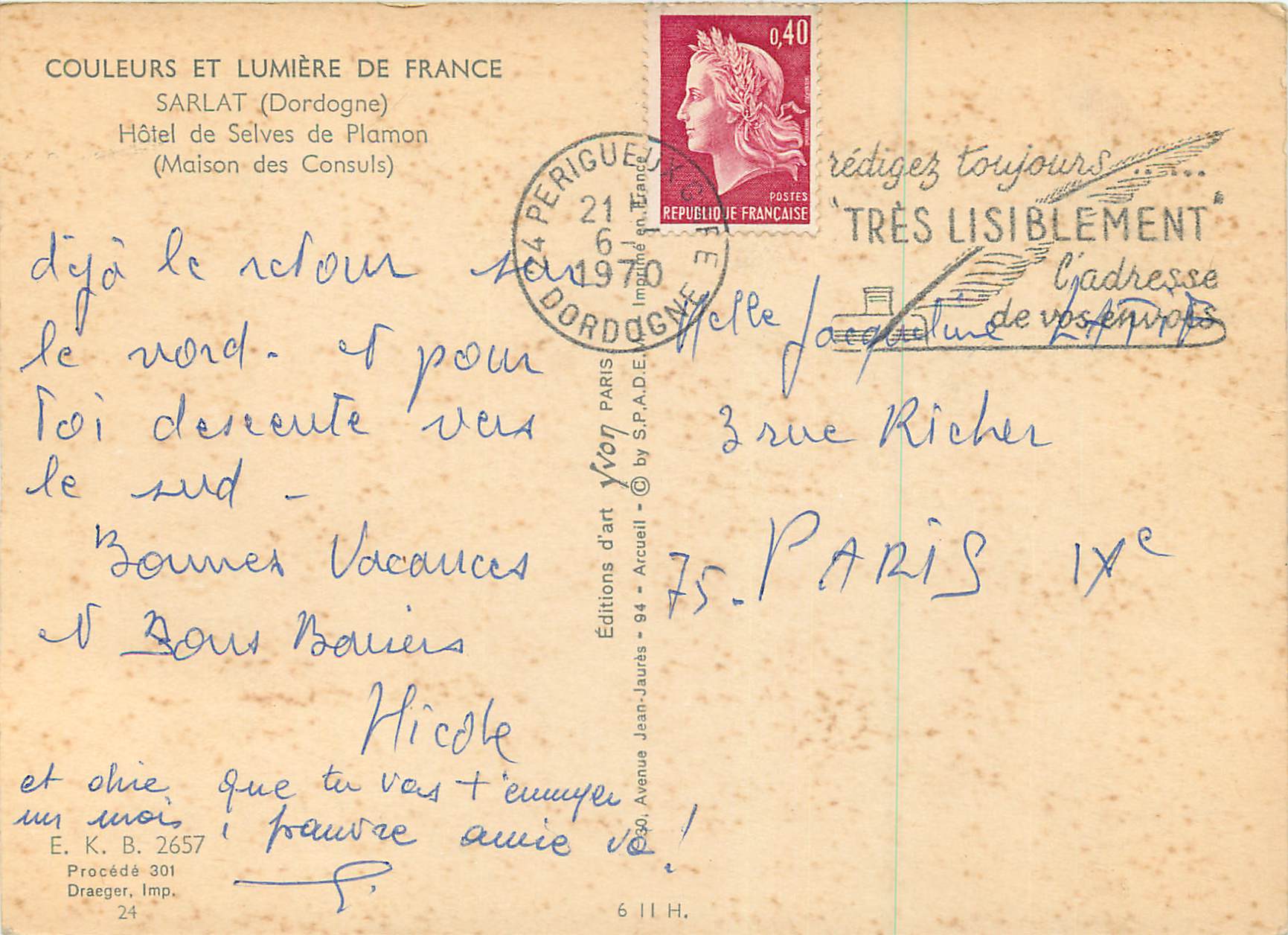 Sarlat (Dordogne) — Hôtel de Selves de Plamon (Maison des Consuls) — Éditions d'art Jean-Jaurès — Verso