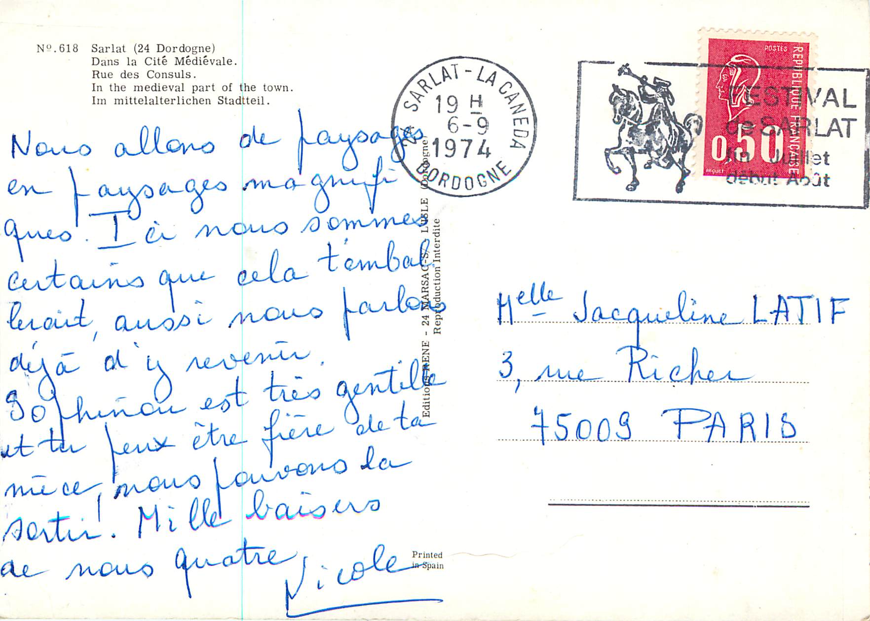 Sarlat-la-Canéda (24 Dordogne) — Rue des Consuls — éditeur Ediciones de España, n°618 — Verso