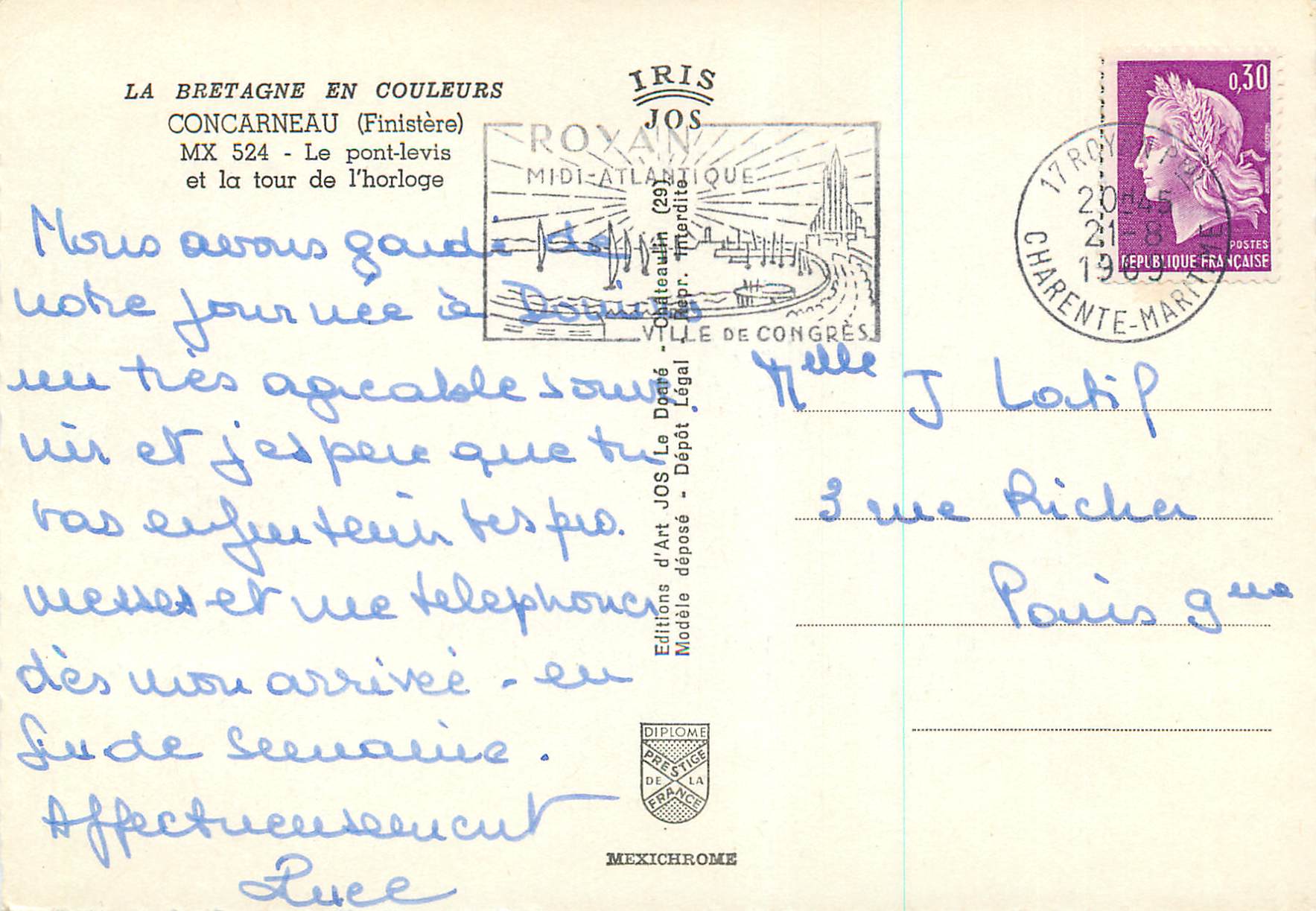 CPM Concarneau (Finistere) La Bretagne en Couleurs Le Pont Levis et la Tour de l'Horloge Bateau de peche — Rückseite