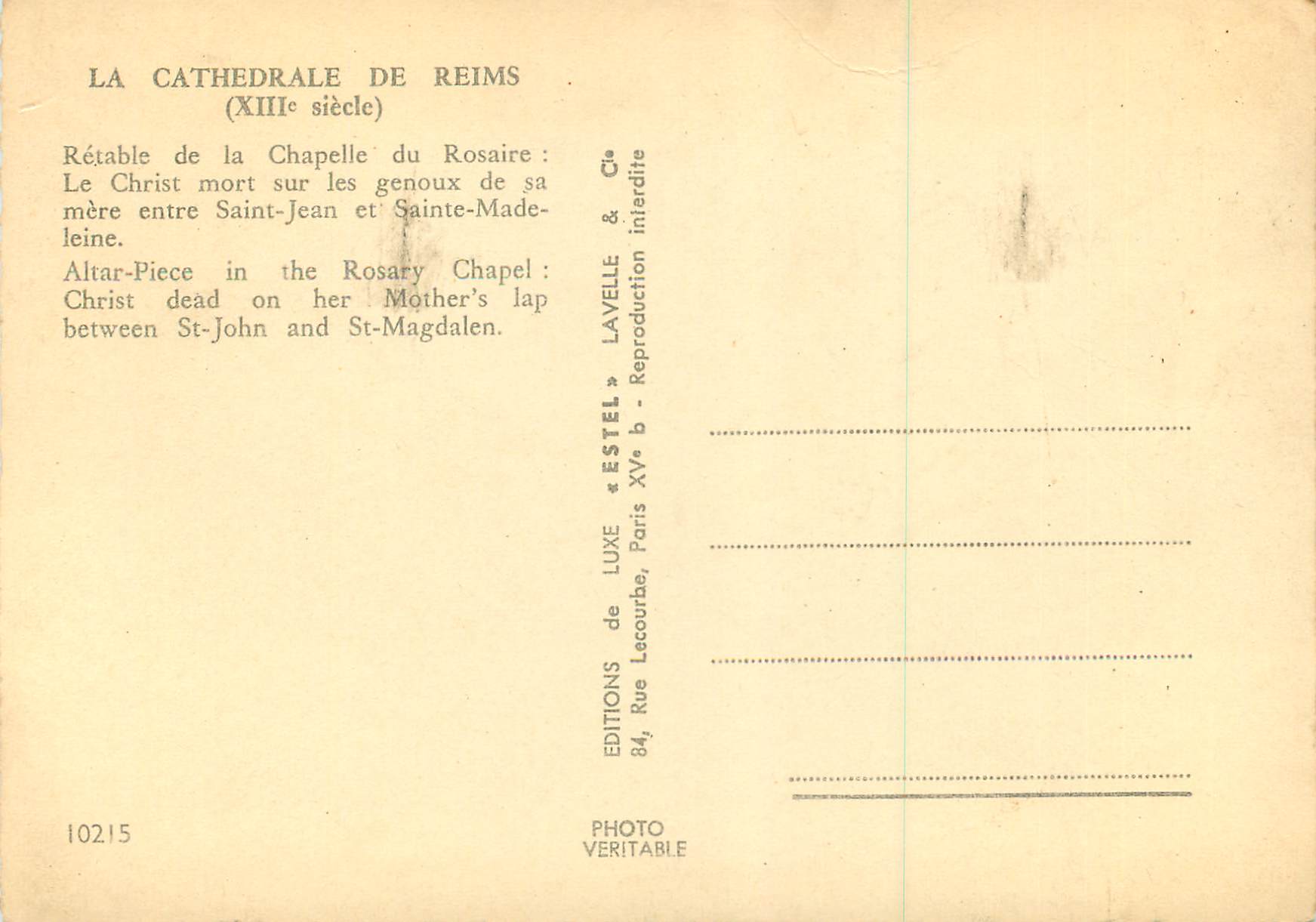 CPM La Cathedrale de Reims (XIIIe Siecle) Retablie de la Chapelle du Rosaire — Verso