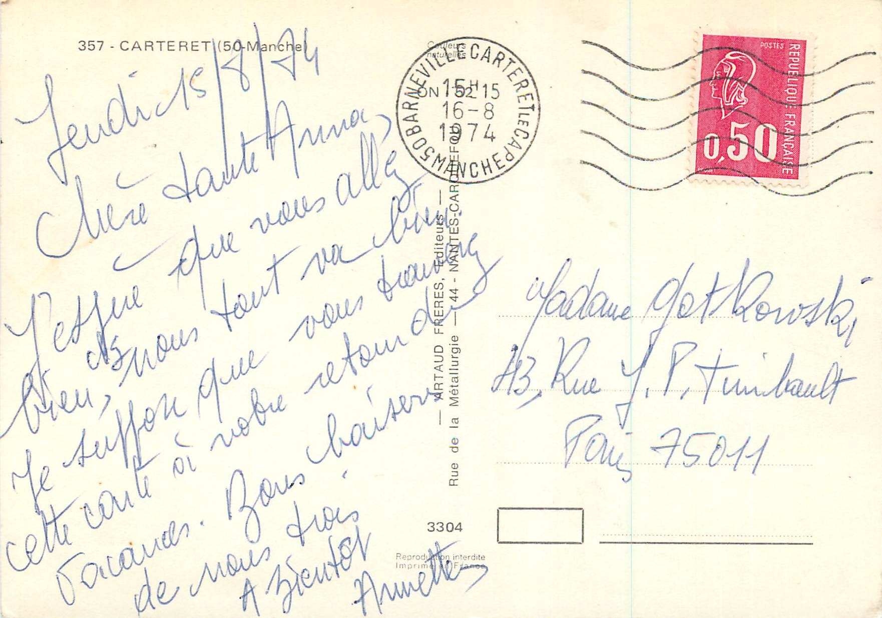 Carteret — Perle des Cotentin gegenüber Jersey — Verlag Artaud Frères — Rückseite