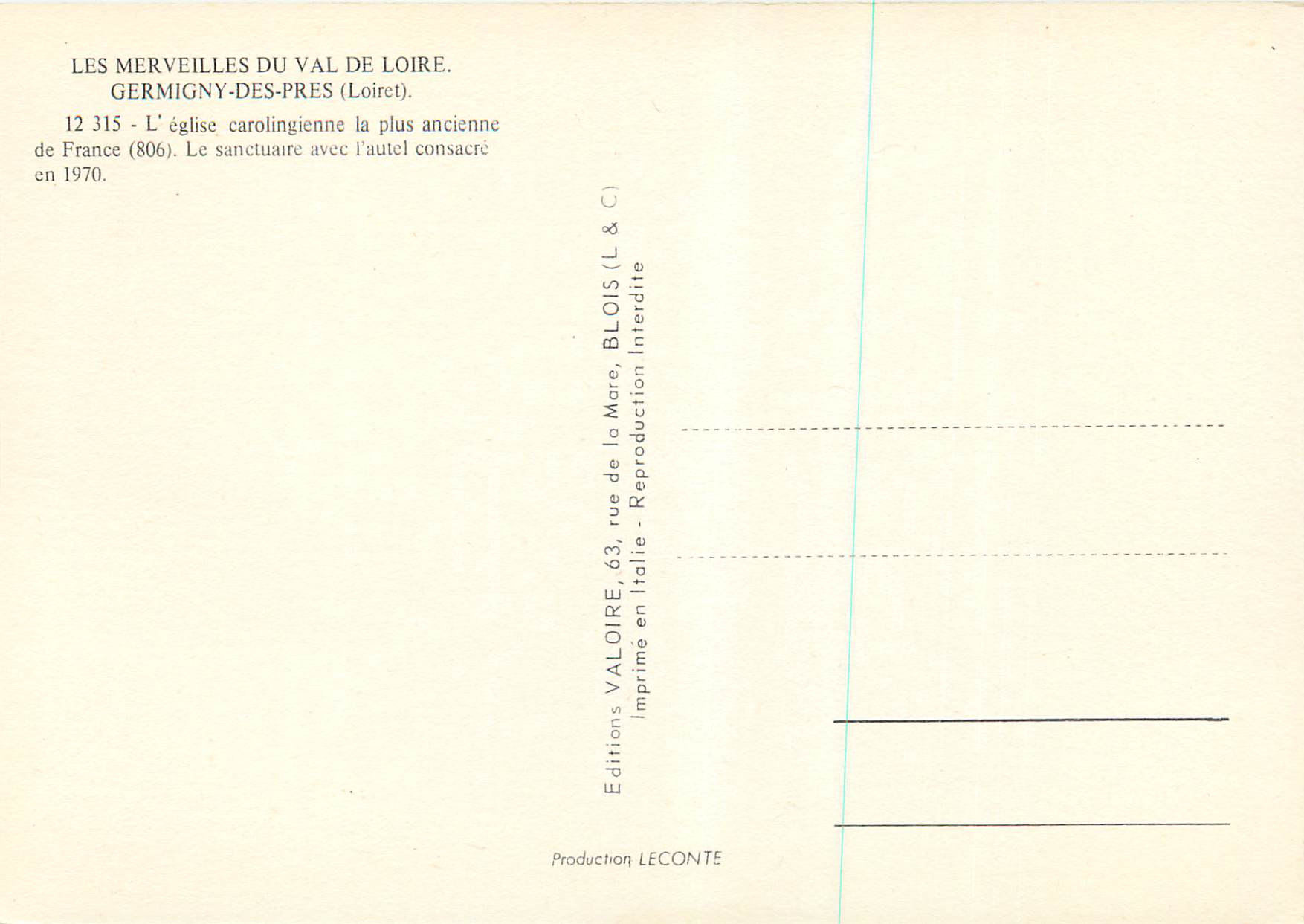 Germigny-des-Prés — Église carolingienne la plus ancienne de France — Éditeur Valoire, n° 12 315 — Verso