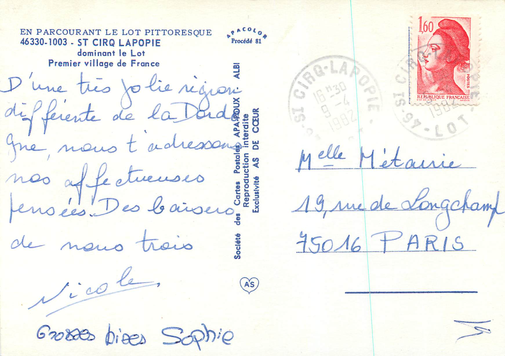 Saint-Cirq-Lapopie — Premier village de France — Société des Cartes Postales APAPOUX AS DE CŒUR — Verso
