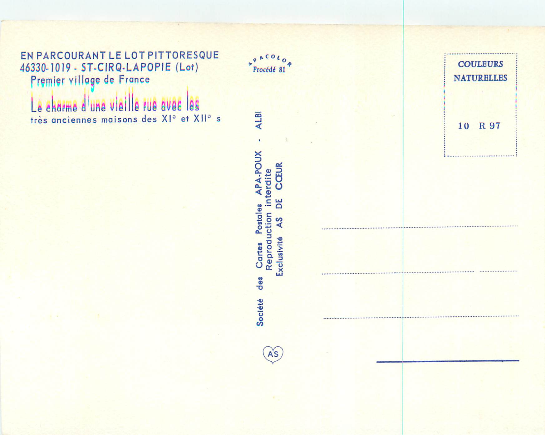 St-Cirq-Lapopie — Premier village de France — Société des Cartes Postales APA-POUX — Rückseite