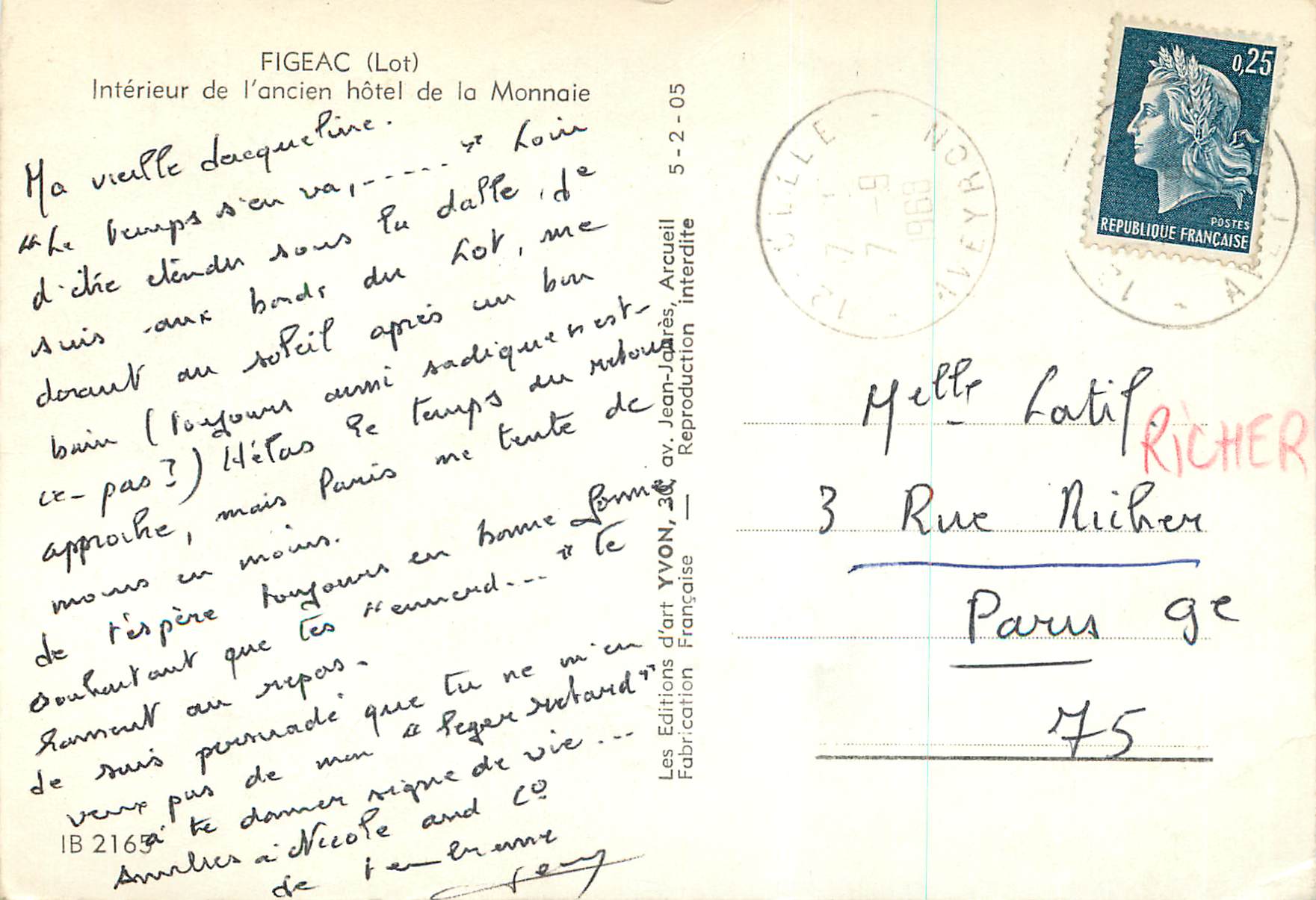 Intérieur de l'ancien hôtel de la Monnaie — Figeac (Lot) — Éditions d'Art Yvon, Arcueil — Rückseite
