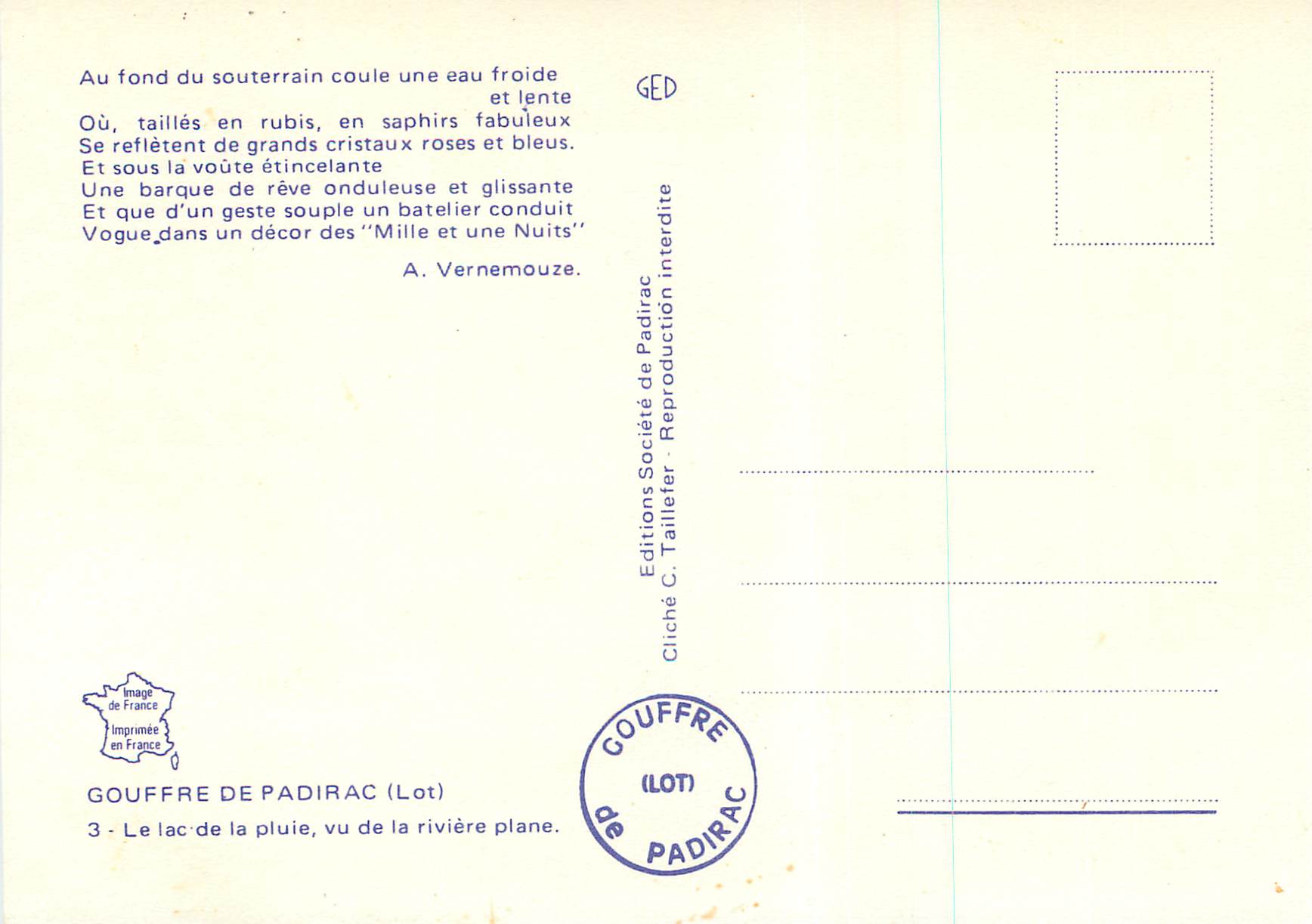 Gouffre de Padirac — Lac de la Pluie, von der flachen Flussseite gesehen — Éditions C. Taillefer — Rückseite