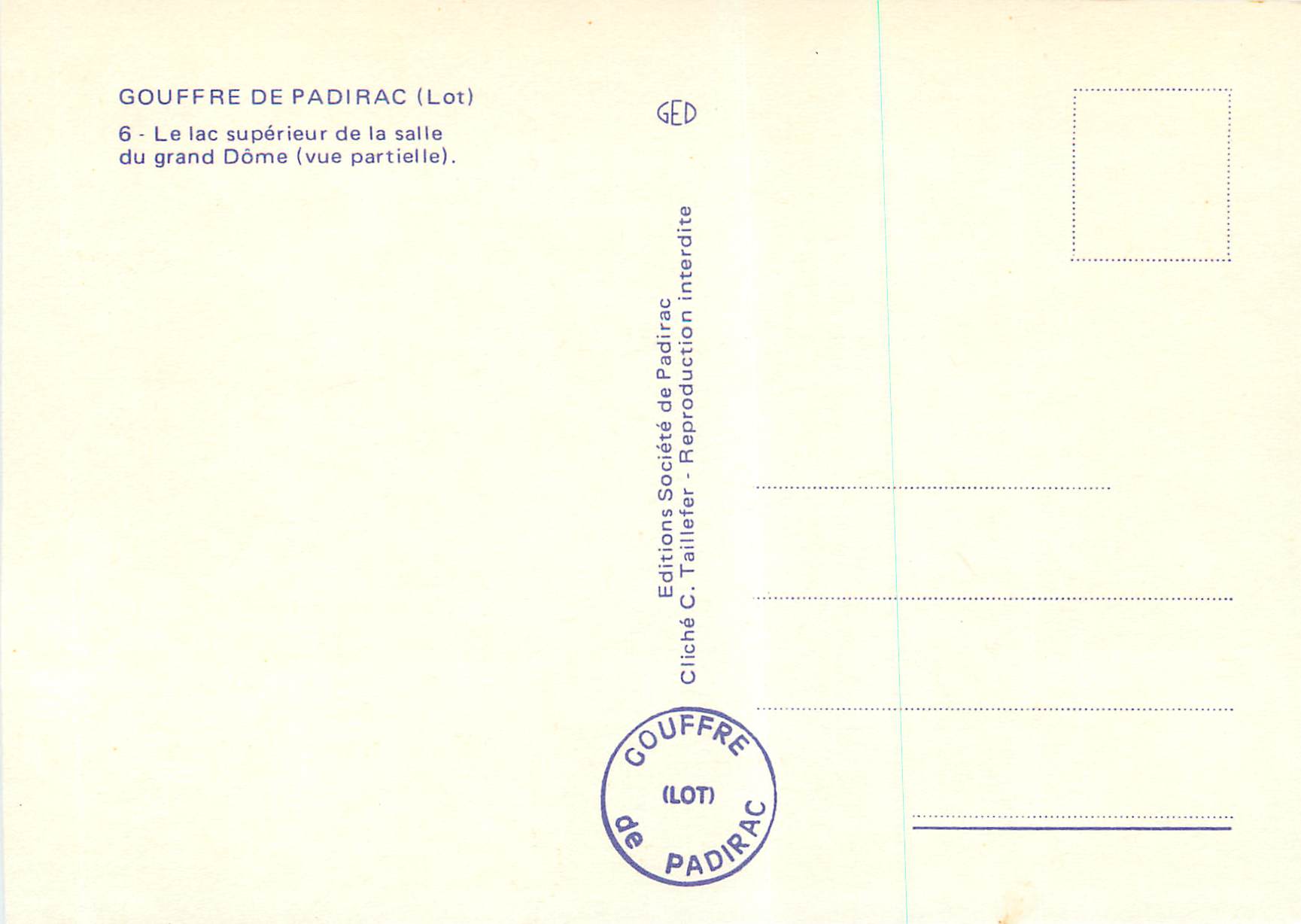 Gouffre de Padirac (Lot) — Lac supérieur de la salle du grand Dôme (vue partielle) — Éditions C. Taillefer — Achterkant
