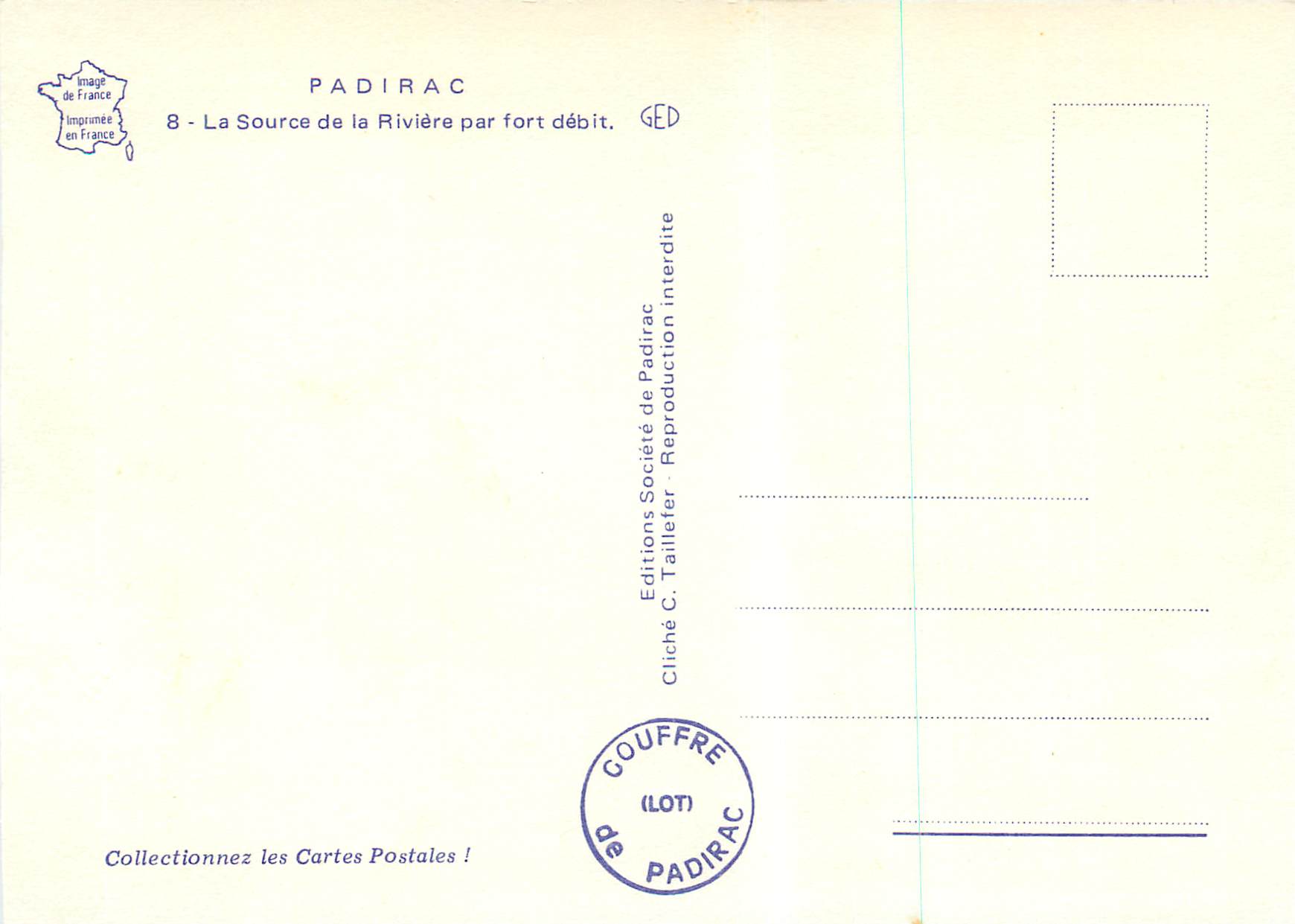 Source de la Rivière par fort débit — Padirac — Éditions C. Taillier — Rückseite