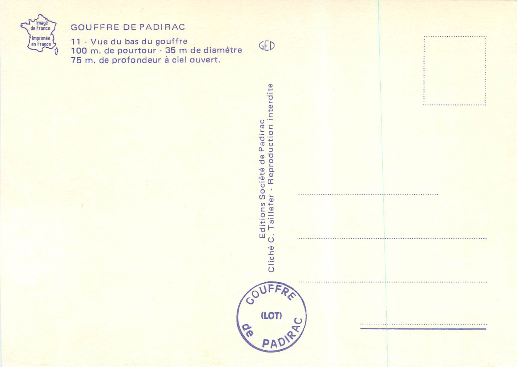 Gouffre de Padirac — Ansicht von unten — Éditions C. Taillefer — Rückseite