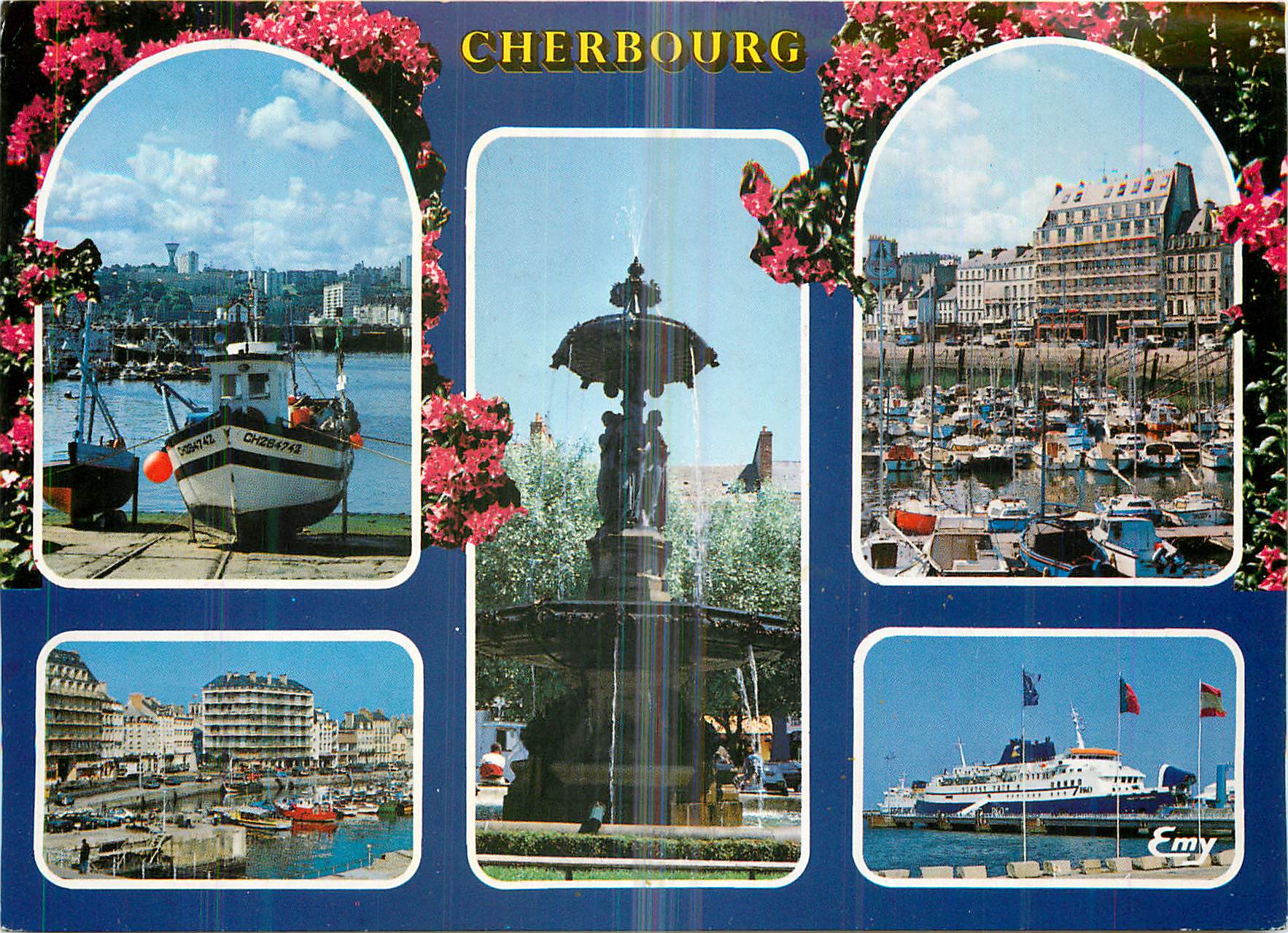 Cherbourg — vue du port, de la fontaine et des ferries — Éditions Leconte