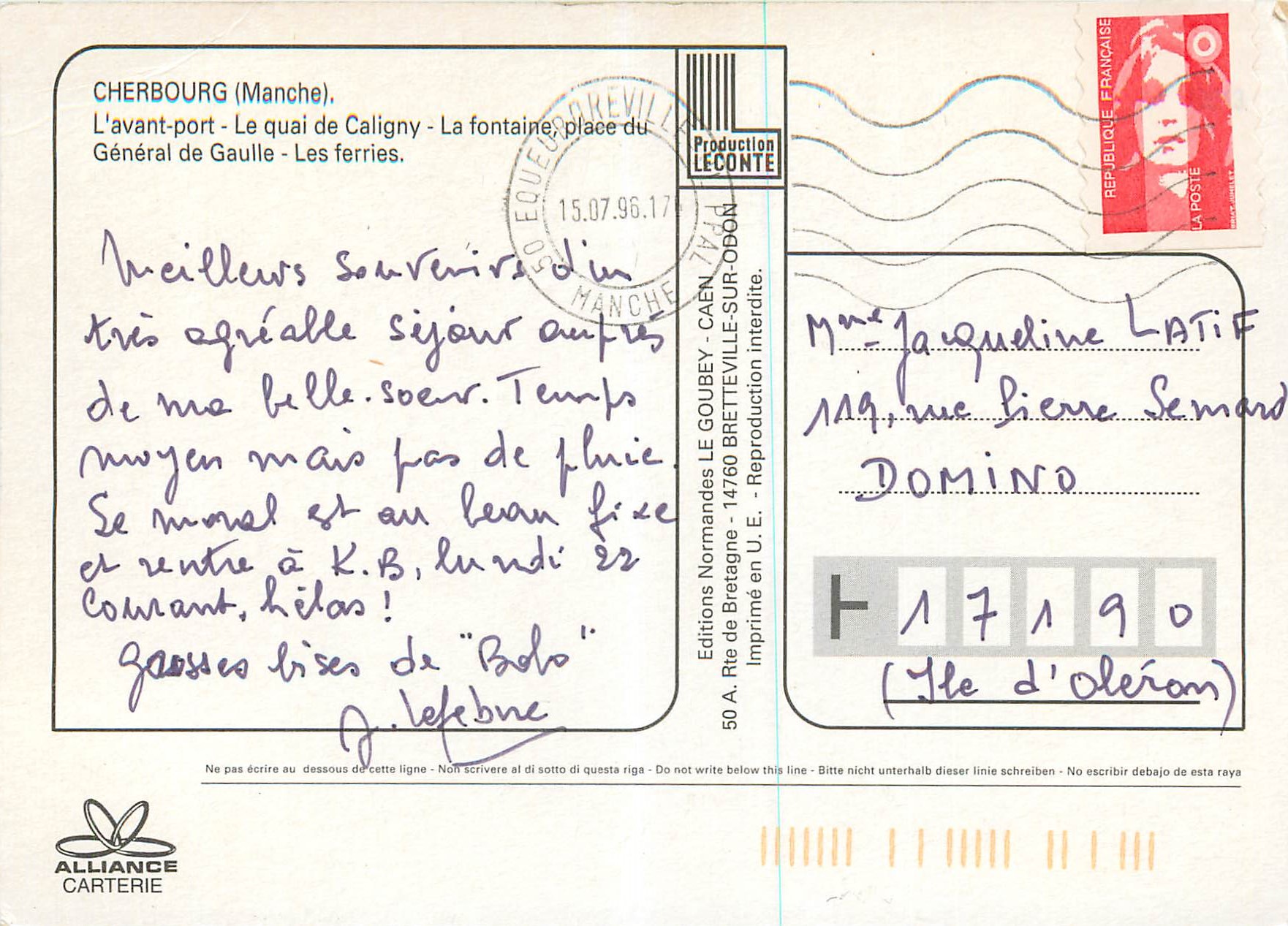 Cherbourg — vue du port, de la fontaine et des ferries — Éditions Leconte — Rückseite