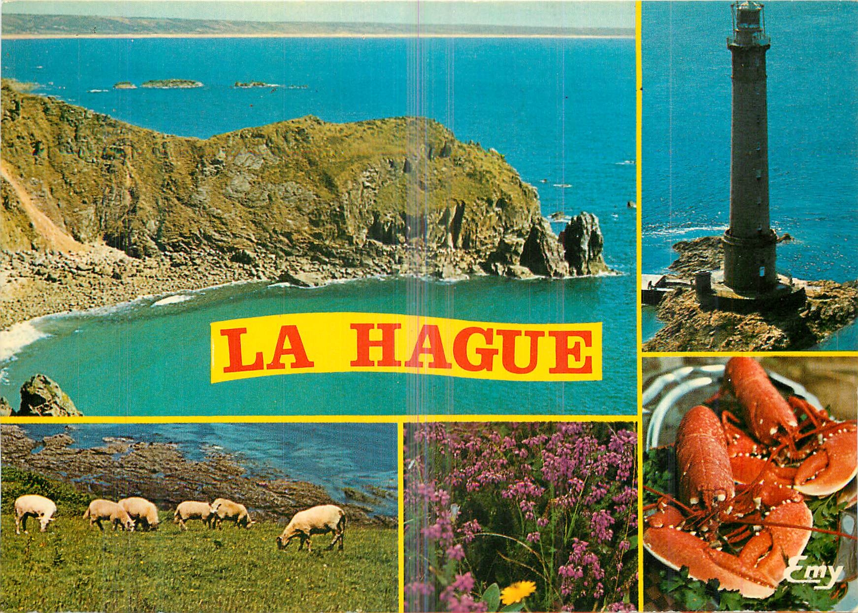 La Hague — vue de la côte, phare de Goury, moutons, fleurs et homards — Éditeur Emy, n° 10335