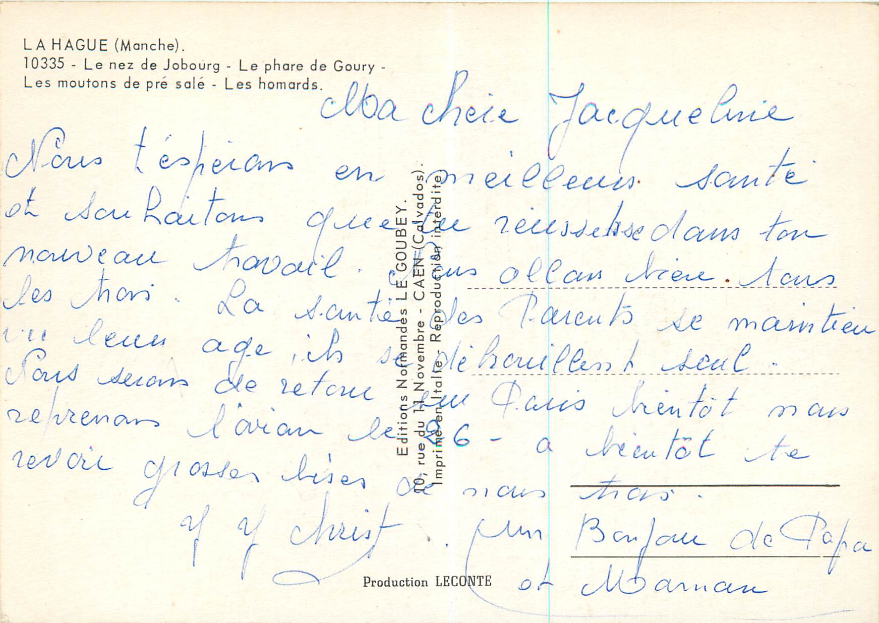 La Hague — vue de la côte, phare de Goury, moutons, fleurs et homards — Éditeur Emy, n° 10335 — Reverso