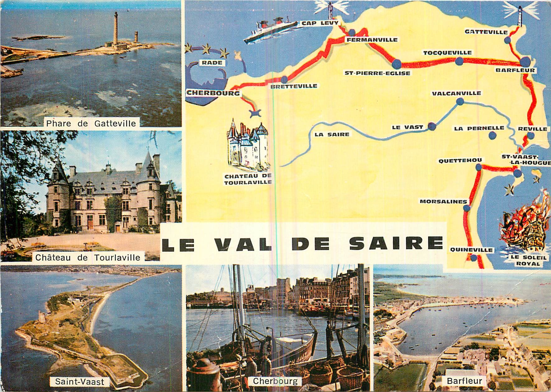 Le Val de Saire — Carte postale touristique avec vue du phare de Gatteville, château de Tourlaville, Cherbourg et Barfleur