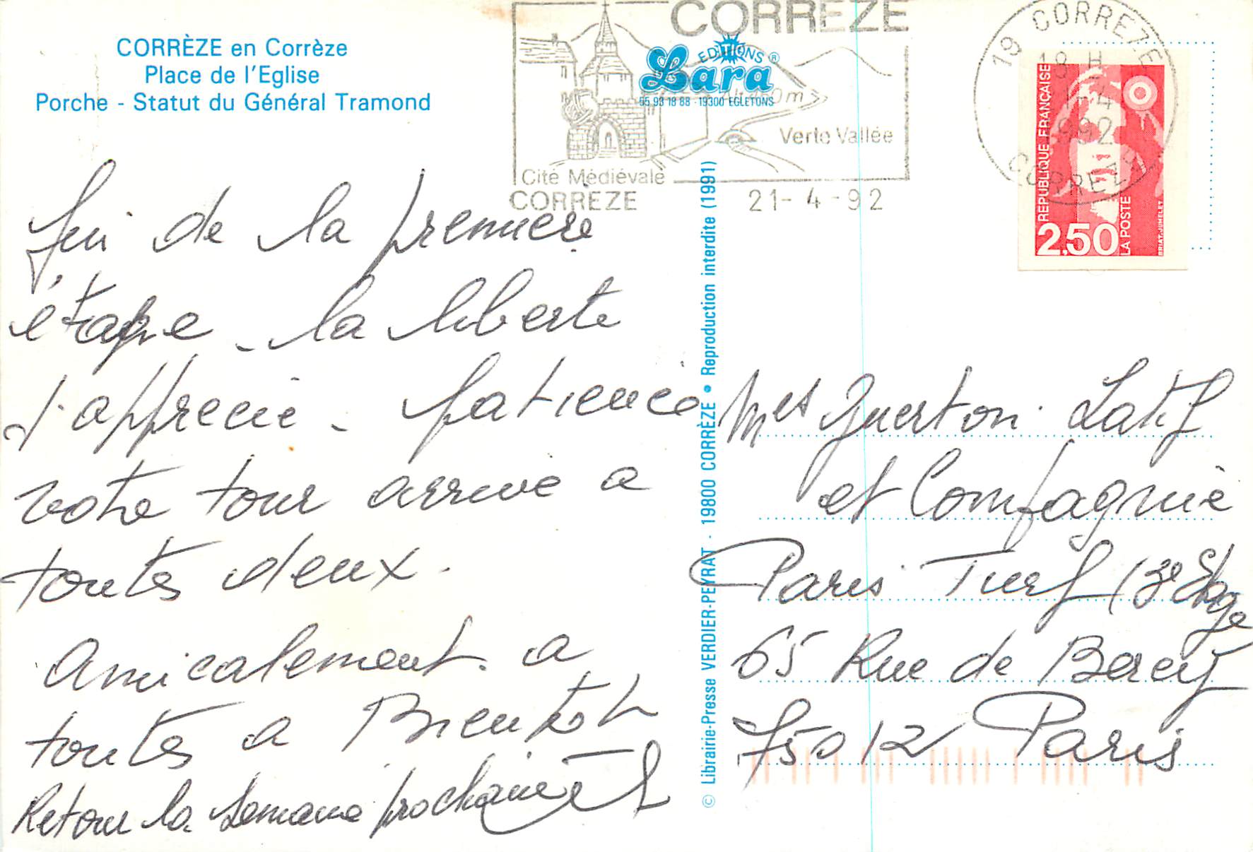 CPM Correze en Correze Place de l'Eglise Porche Statut du General Tramond — Rückseite