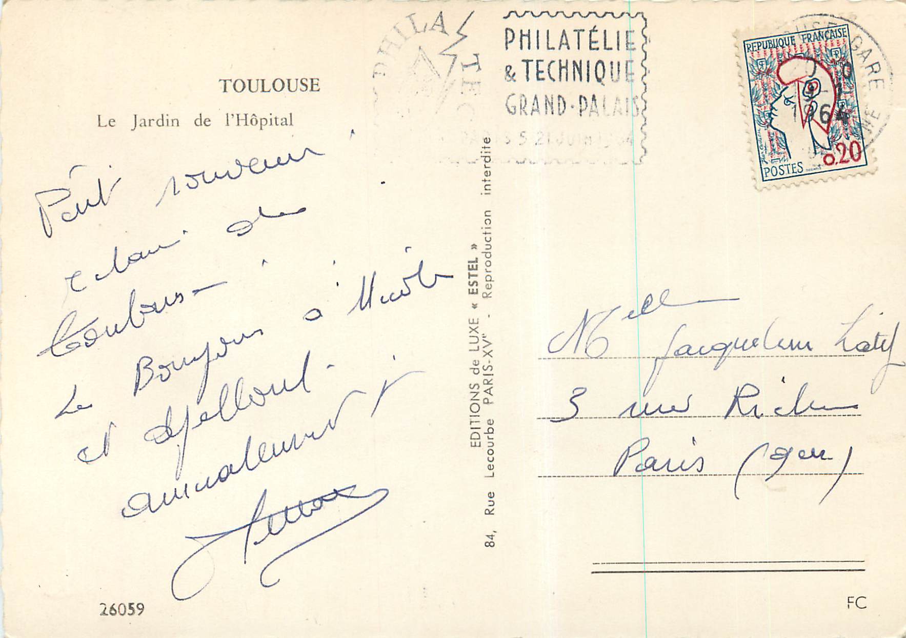 CPM Toulouse Le Jardin de L'Hopital — Verso