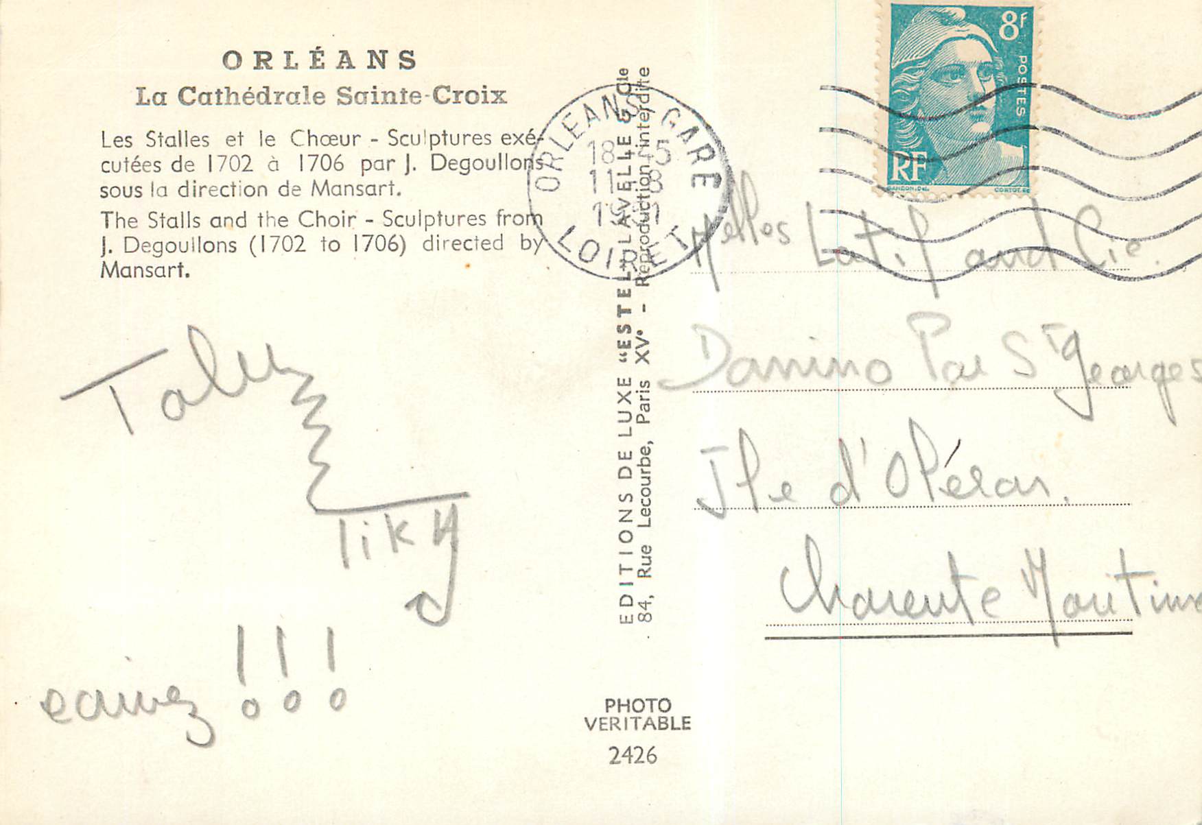 CPM Orleans La Cathedrale Sainte Croix Les Stalles et le Choeur — Verso
