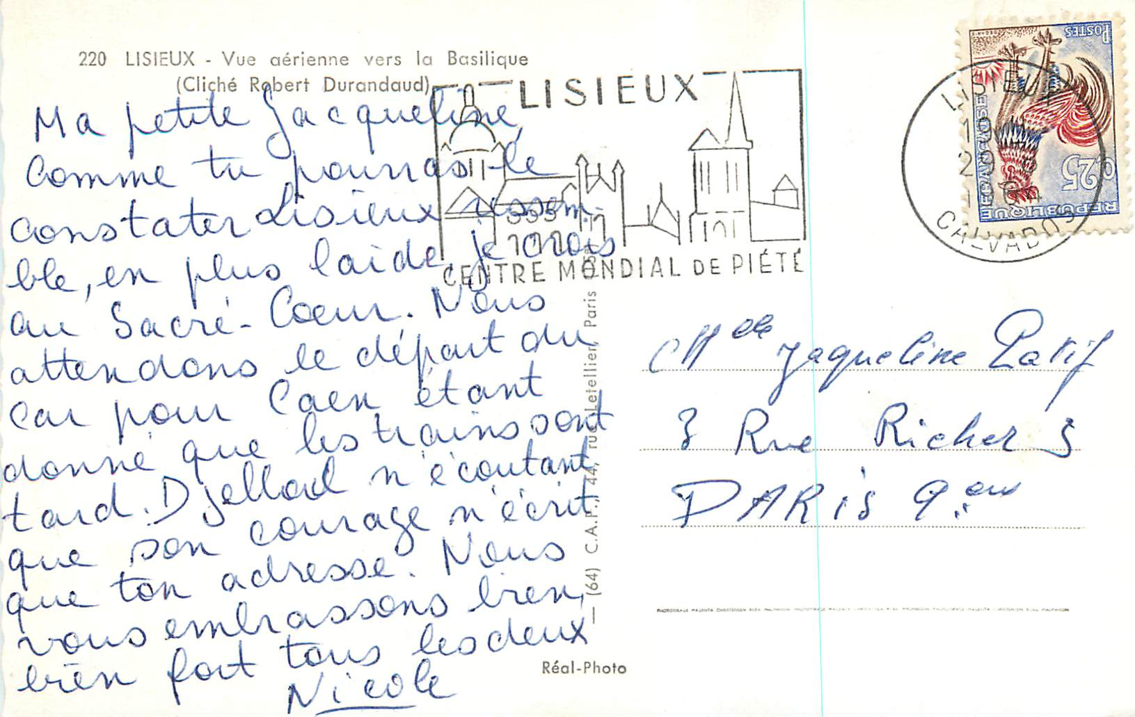 Lisieux — Vue aérienne vers la Basilique du Sacré-Cœur — Cliché Robert Durandaud — Verso