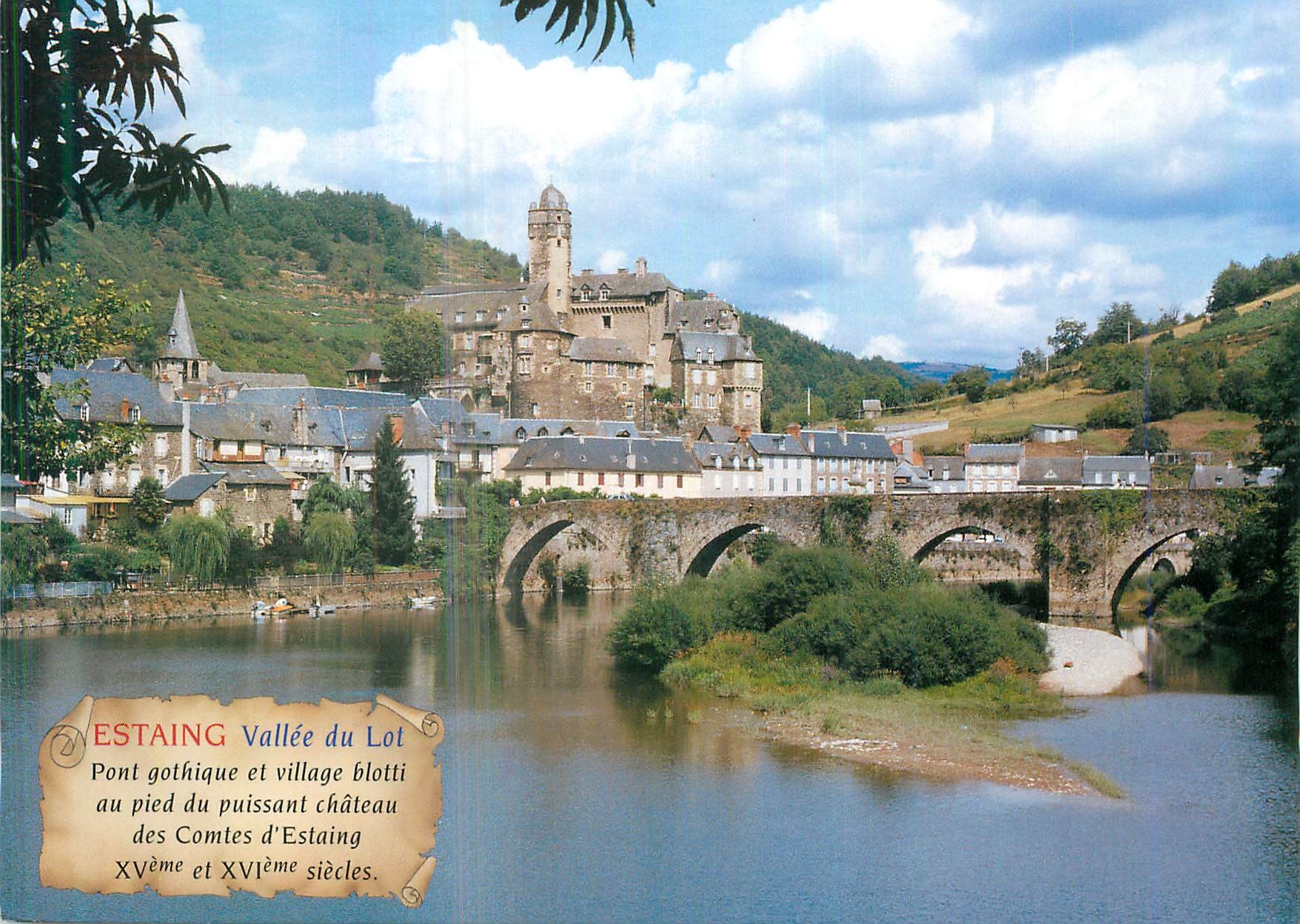 Estaining Vallée du Lot — Pont gothique et village blotti au pied du puissant château des Comtes d'Estaing XVème et XVIème siècles — Éditions Yves Bos