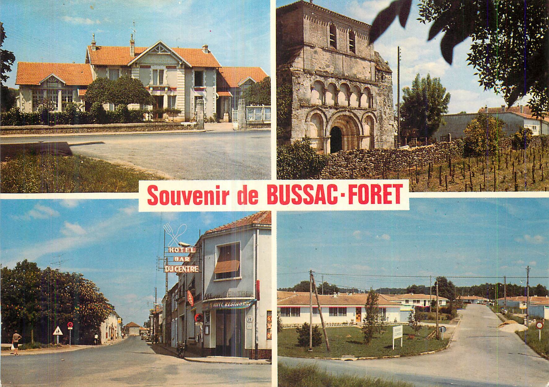 CPM Bussac Foret de Gauche a Droite la Mairie et l'Ecole l'Eglise la Grande Rue la Cite Clemenceau
