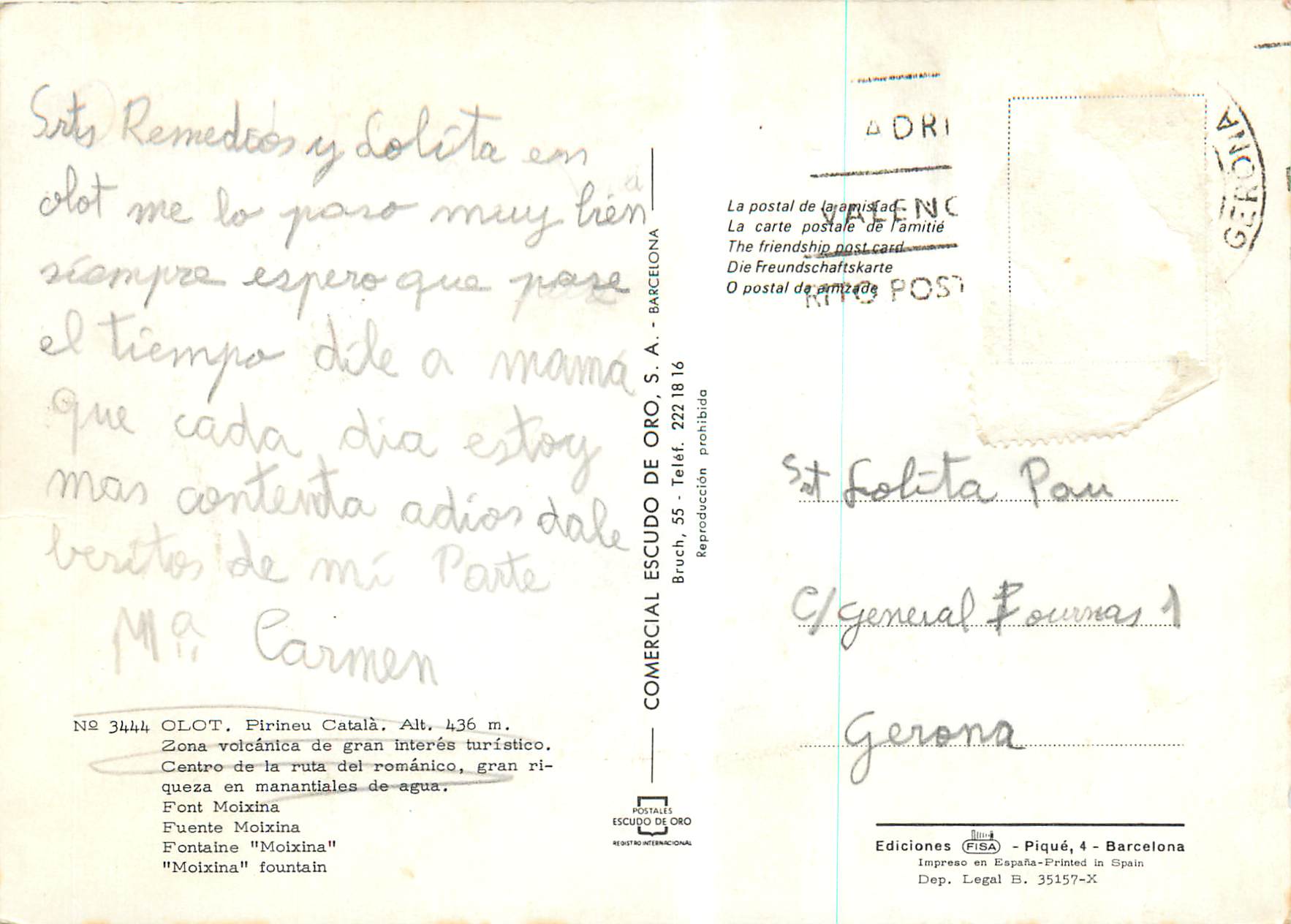 CPM Olot Pirineu Catala Alt 436m Fontaine Moixina — Rückseite