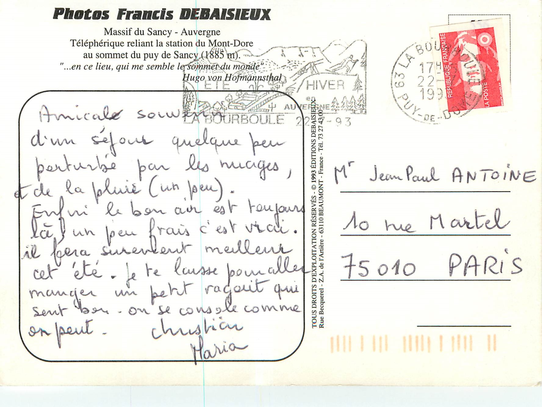 CPM Massif du Sancy Auvergne Telepherique Reliant la Station du Mont Dore — Rückseite