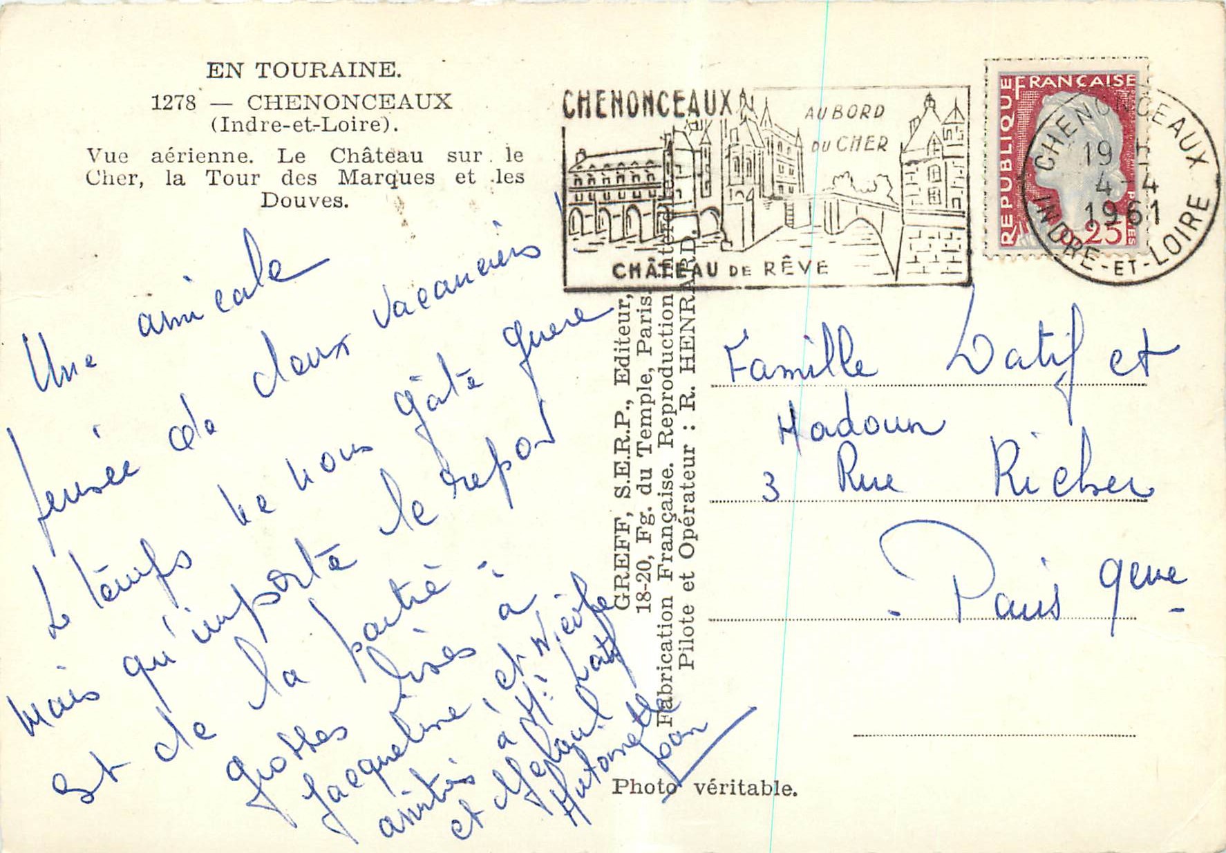 CPM Chenonceaux (Indre et Loire) en Touraine Vue Aerienne — Rückseite