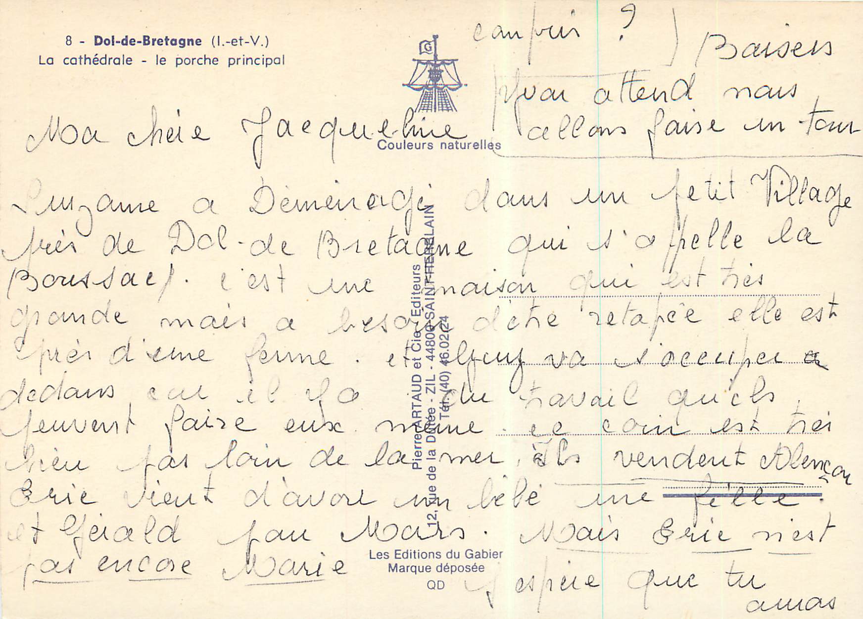 CPM Dol de Bretagne (I et V) la Cathedrale le Porche Principal — Verso