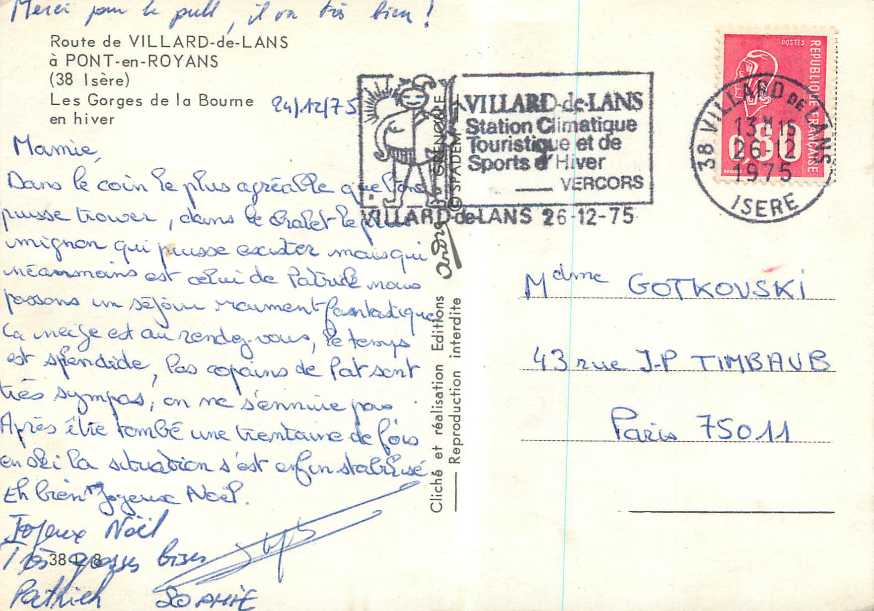 Les Gorges de la Bourne — hiver — Villard-de-Lans — Verso