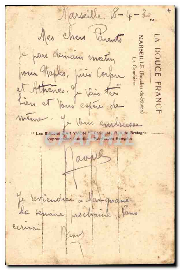 Marseille - La Cannebiere CPA  — Verso