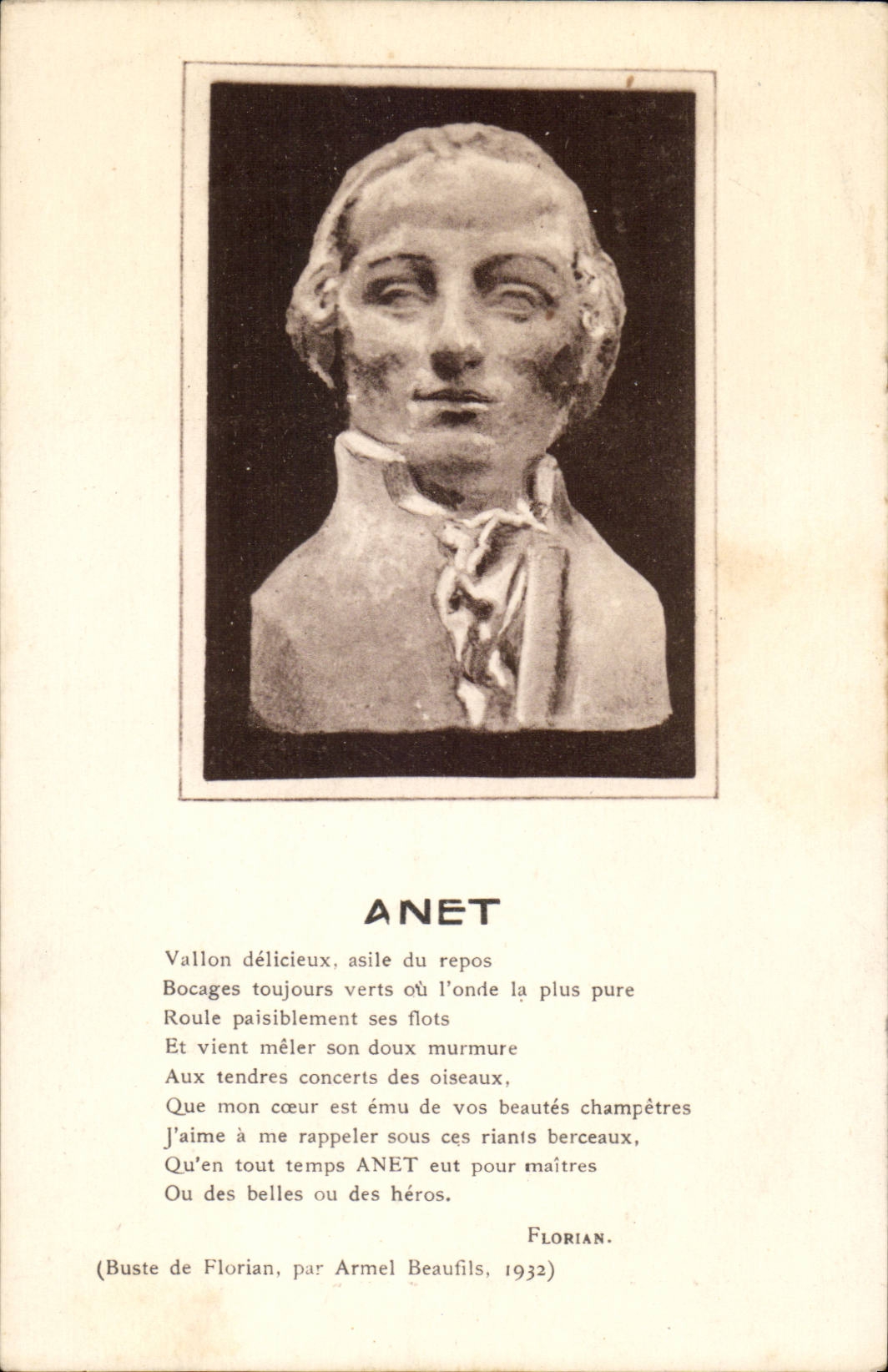 Anet — Büste von Florian, von Armel Beaufils, 1932 — Ausgabe der Gesellschaft der Freunde der Kunst, Frankreich