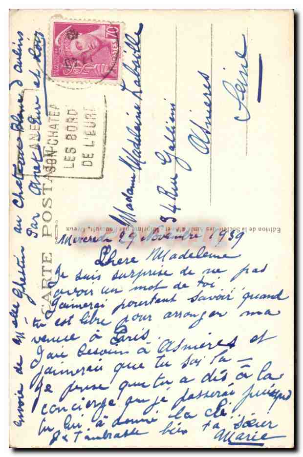 Anet — Büste von Florian, von Armel Beaufils, 1932 — Ausgabe der Gesellschaft der Freunde der Kunst, Frankreich — Rückseite
