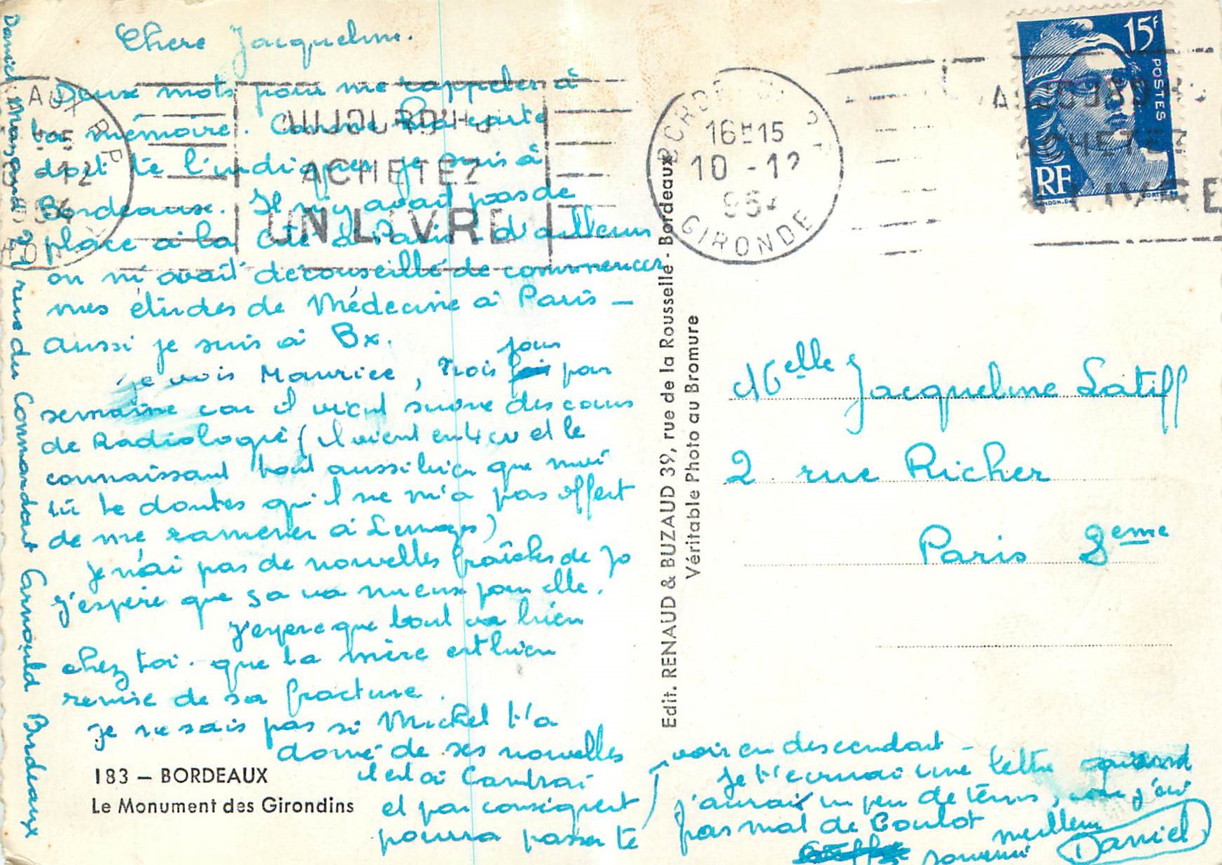 CPM Bordeaux Les Monument des Girondins — Verso