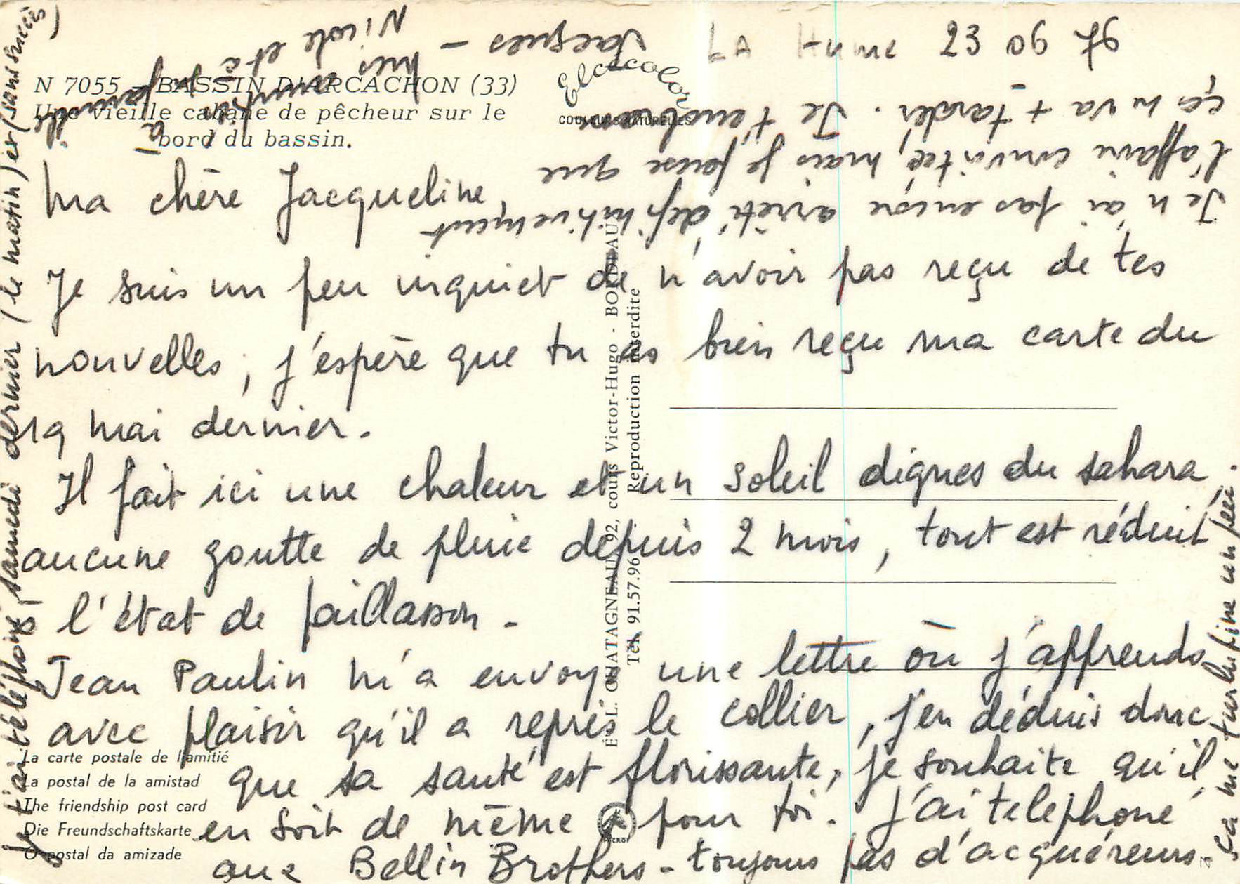 Bassin d'Arcachon (33) — Une vieille cabane de pêcheur sur le bord du bassin — Éditeur Elcée, n° 7055 — Verso