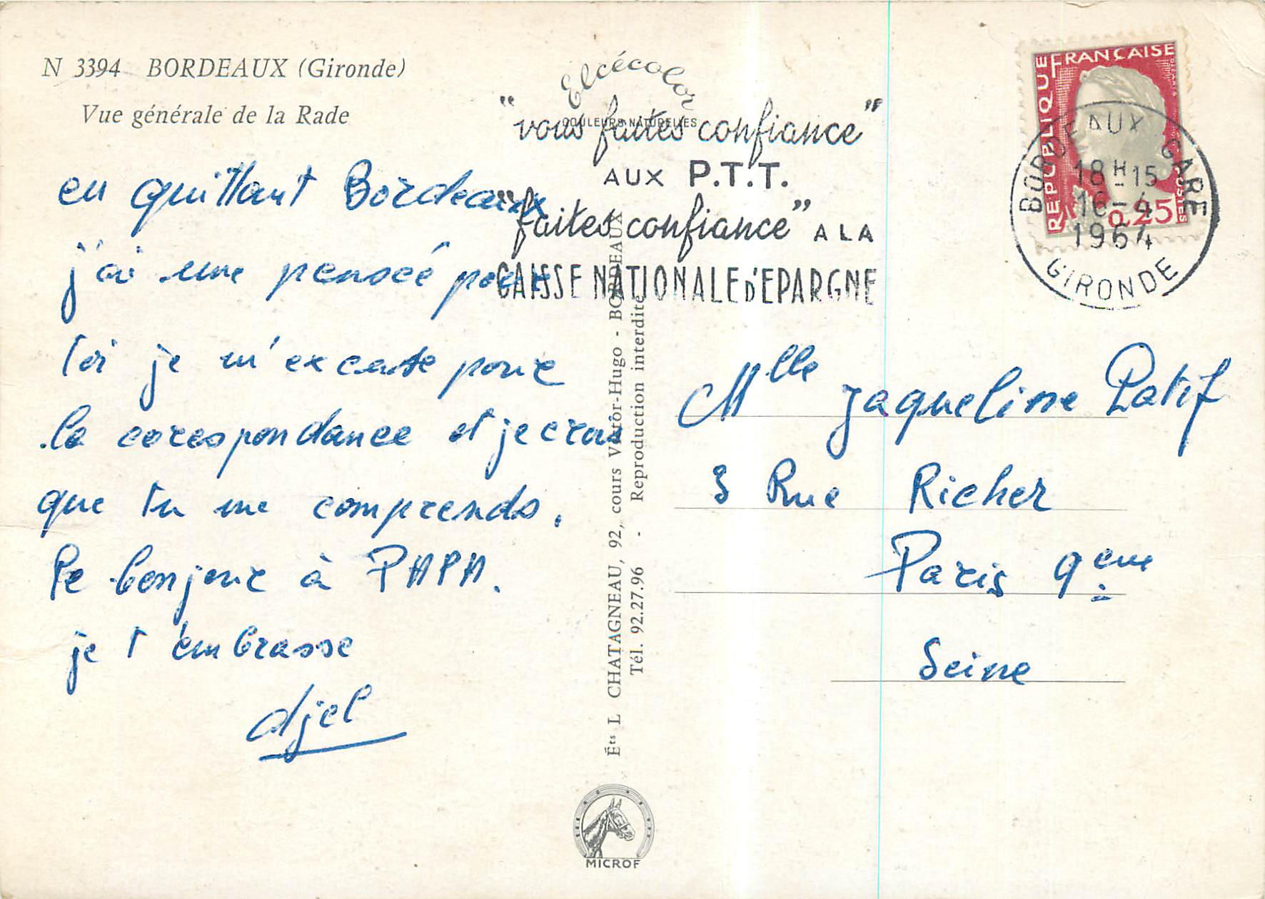 Vue générale de la Rade — Bordeaux (Gironde) — Éditeur L. Chatagneau, n° 3394 — Verso