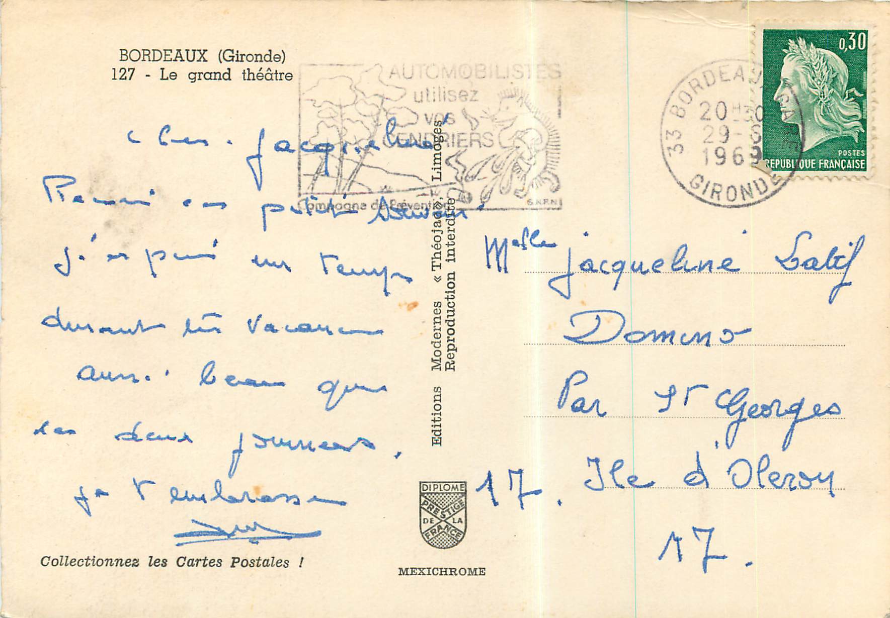CPM Bordeaux Gironde Le grand theatre — Verso