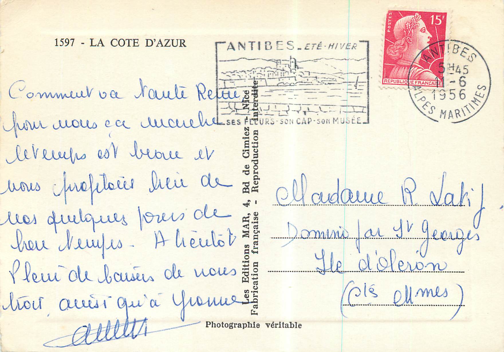CPM La cote d'Azur Antibes — Rückseite
