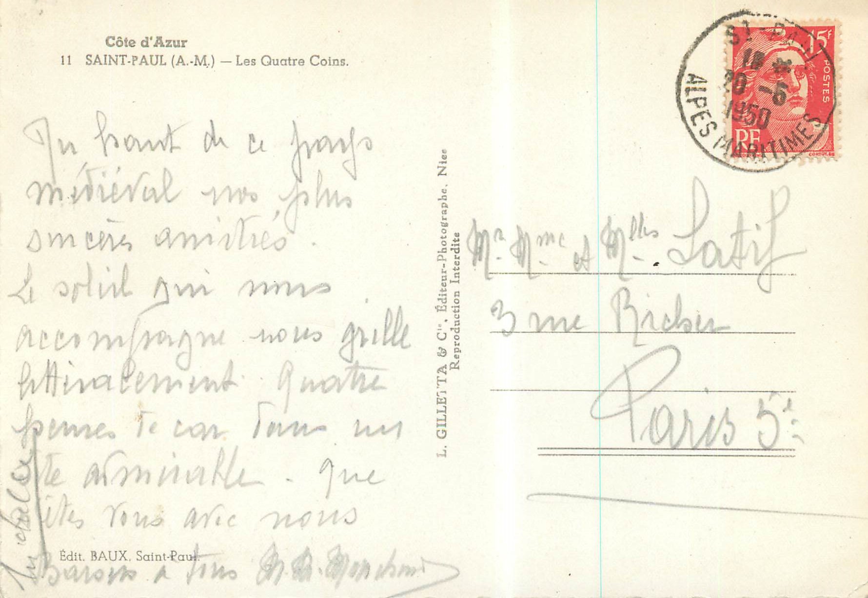 CPM Cote d'Azur Saint Paul Les Quatre coins — Verso