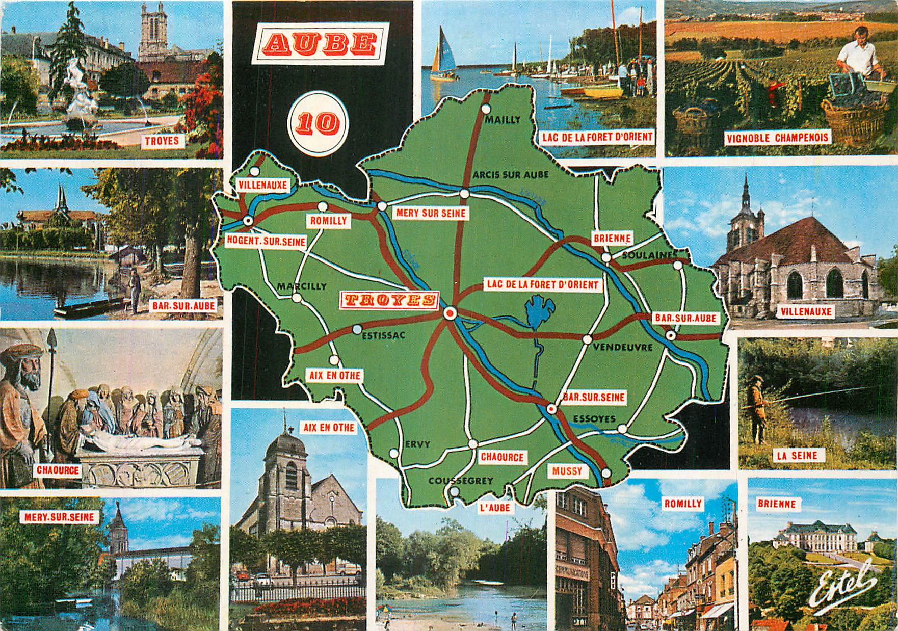 Aube — Carte postale touristique avec carte et vignettes — Éditeur Estel, n°10
