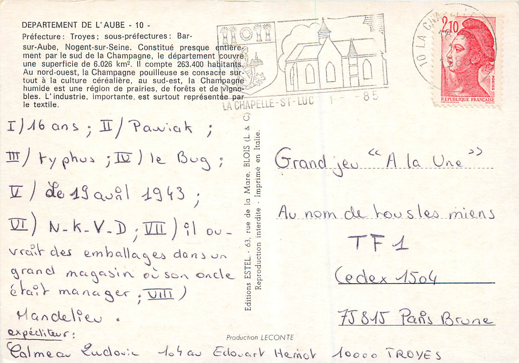 Aube — Carte postale touristique avec carte et vignettes — Éditeur Estel, n°10 — Verso