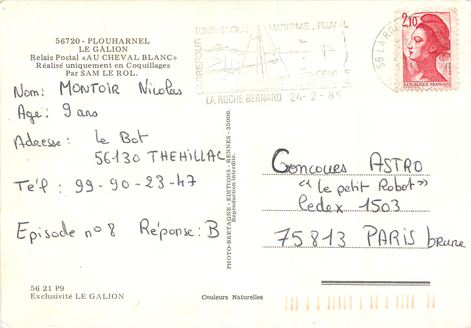 CPM Plouharnel Le Galion Relais Postal (Au Cheval Blanc)Realise uniquement en Coquillage par Sam — Rückseite