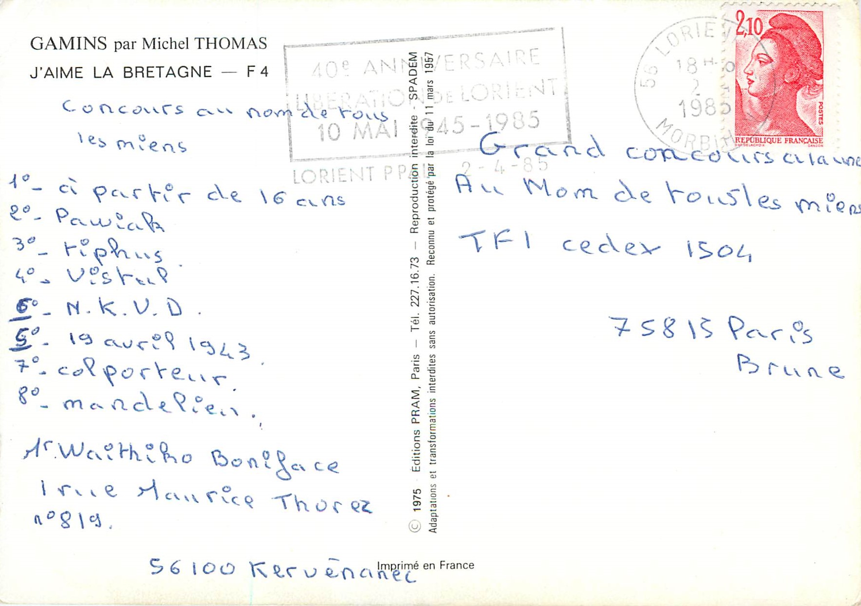 CPM Gamins par Michel Thomas J'aime la Bretagne — Rückseite