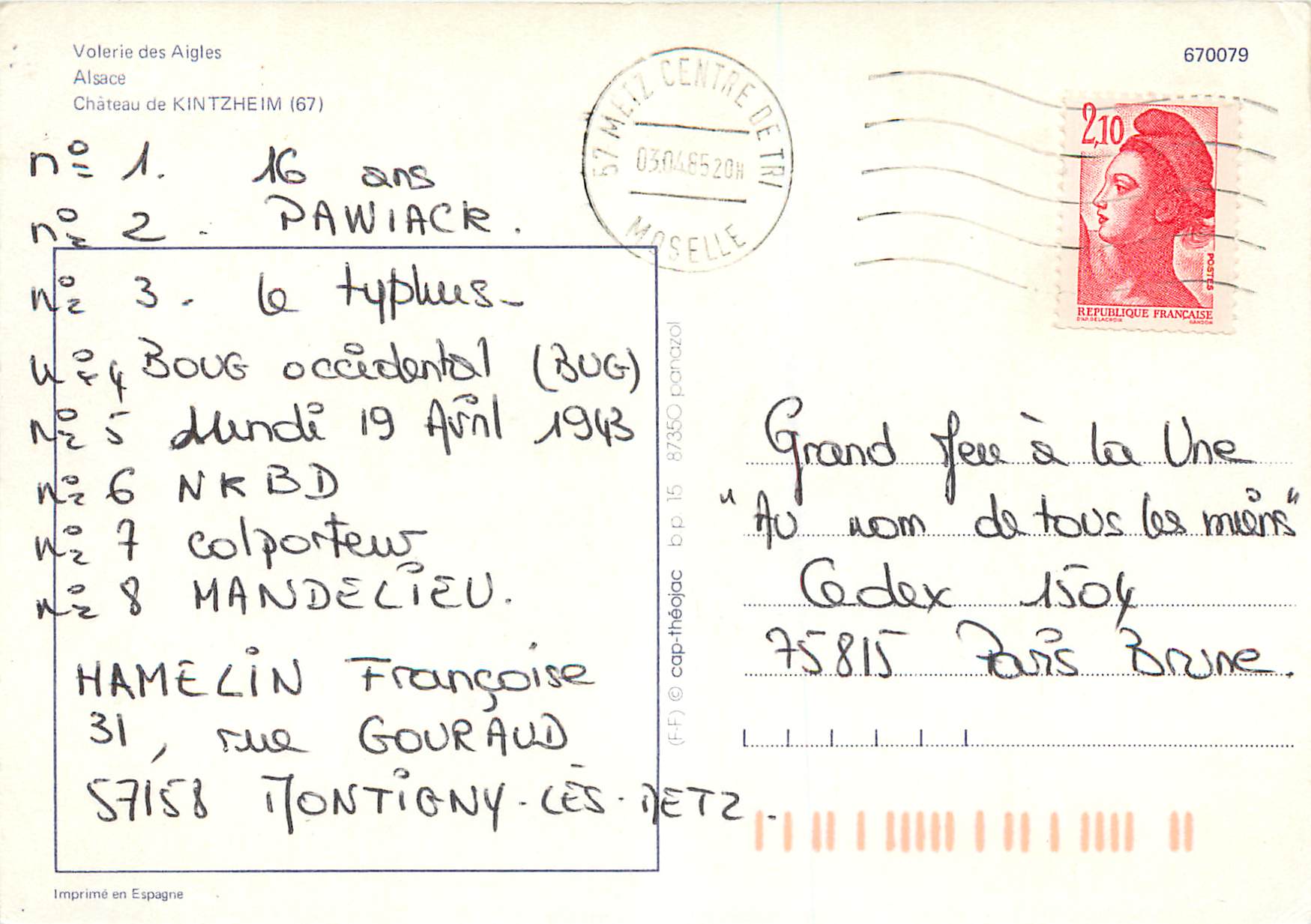 CPM Volerie des Aigles Alsace Chateau du Kintzheim — Rückseite