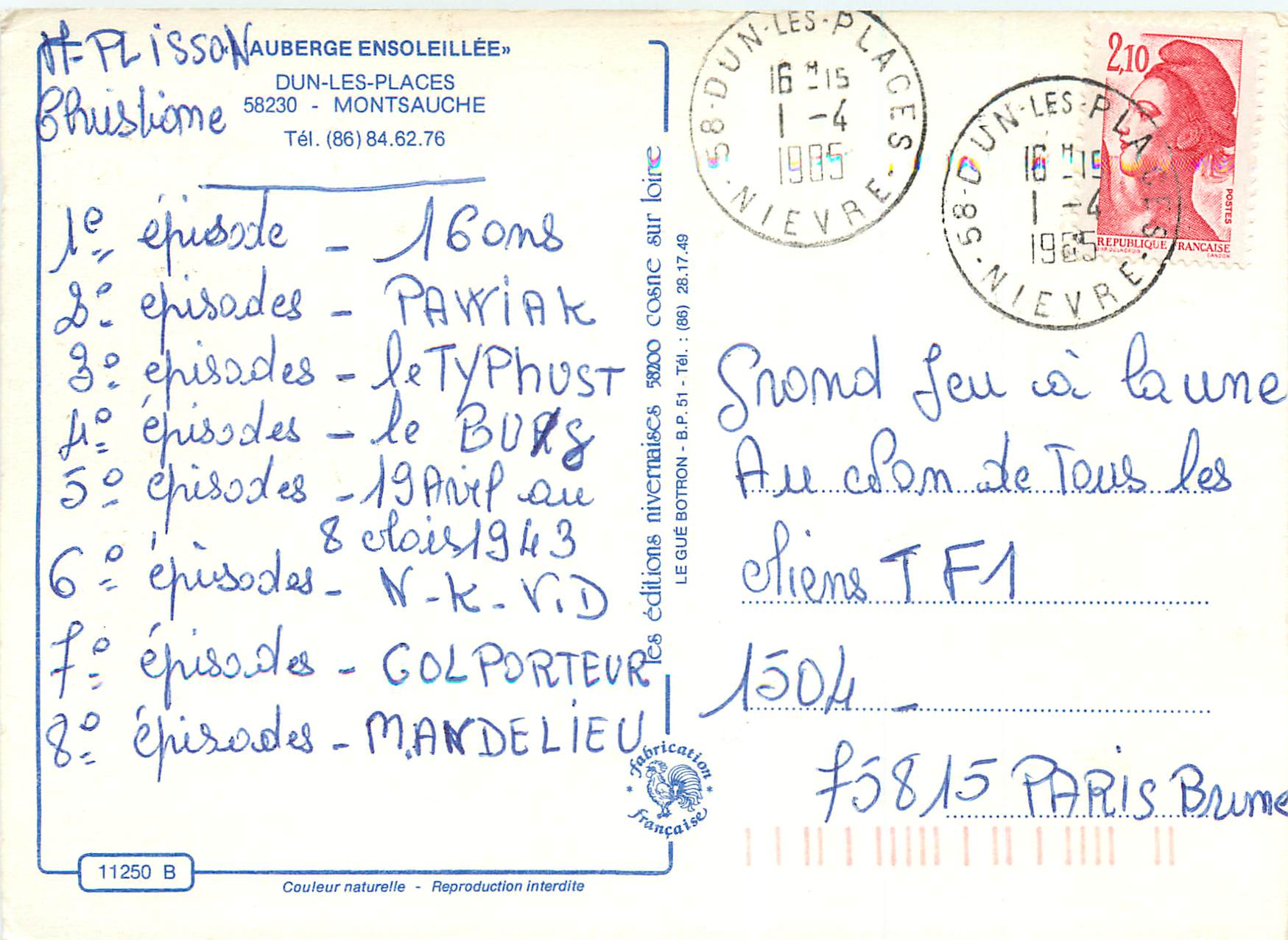 CPM Auberge ensoleillee dun les places Montsauche — Back