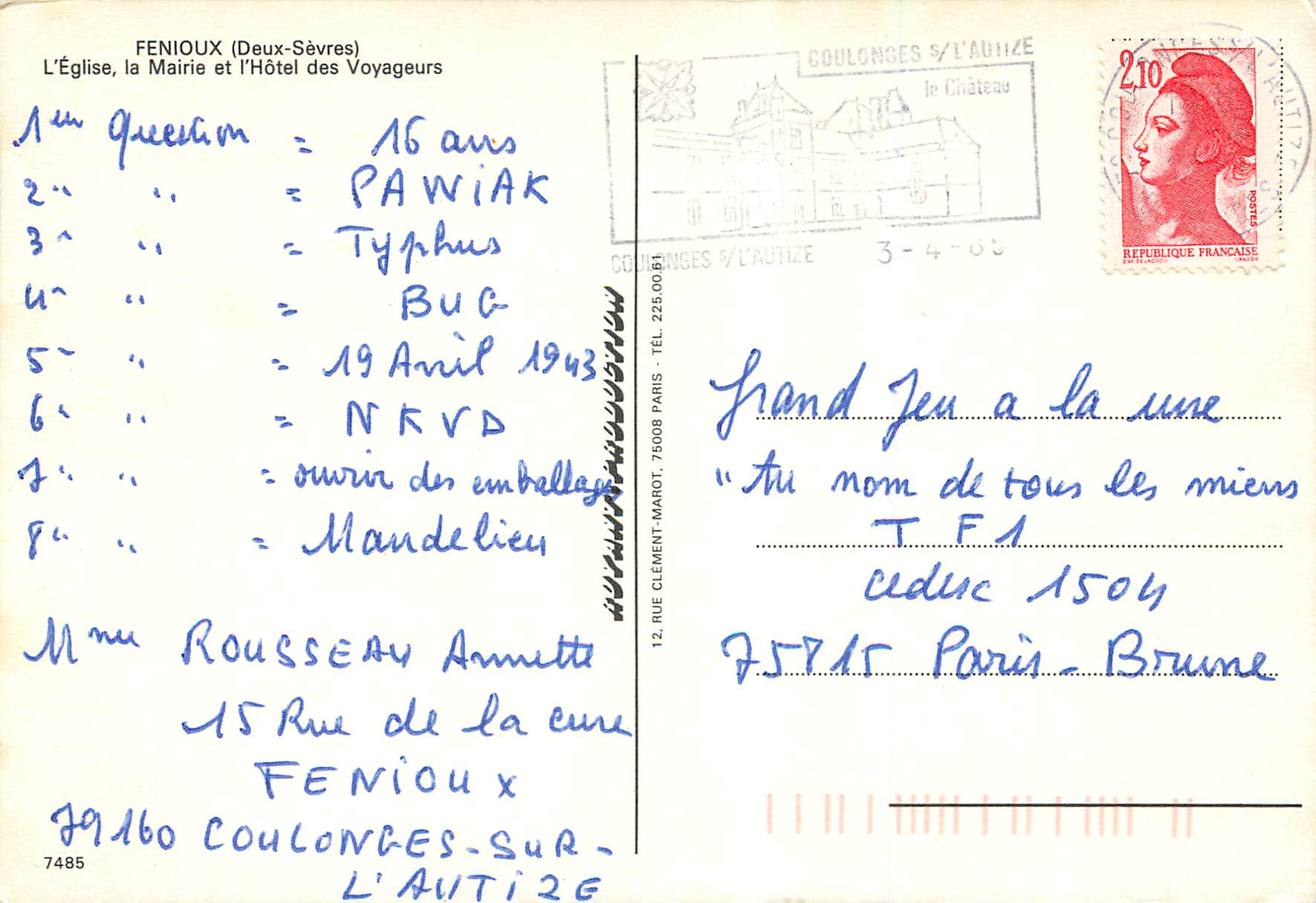 CPM Fenioux (Deux Servers)L'Eglise La Mairie et Hotel des Voyageurs — Rückseite