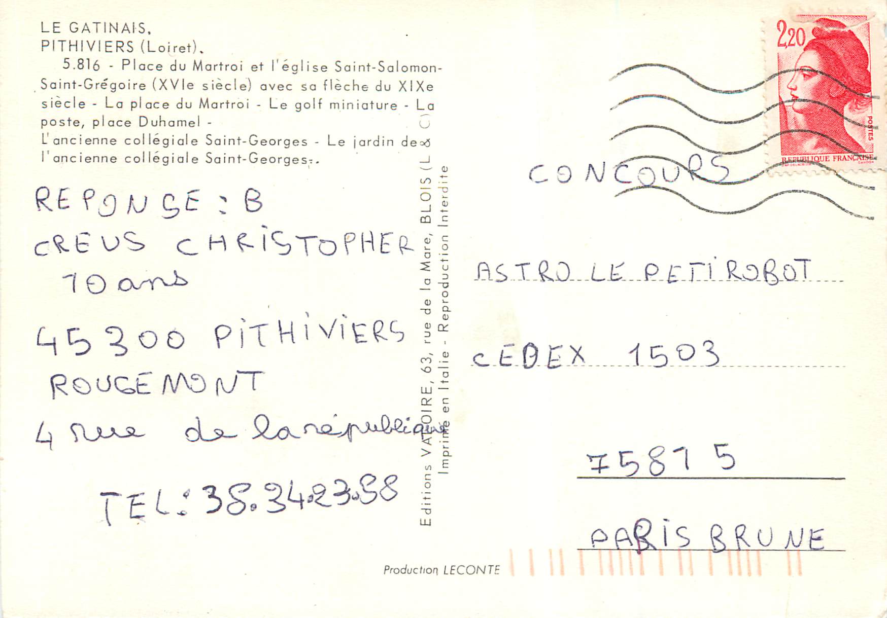 Pithiviers — vue panoramique de la ville — Éditions Valoire, n° 5.816 — Verso
